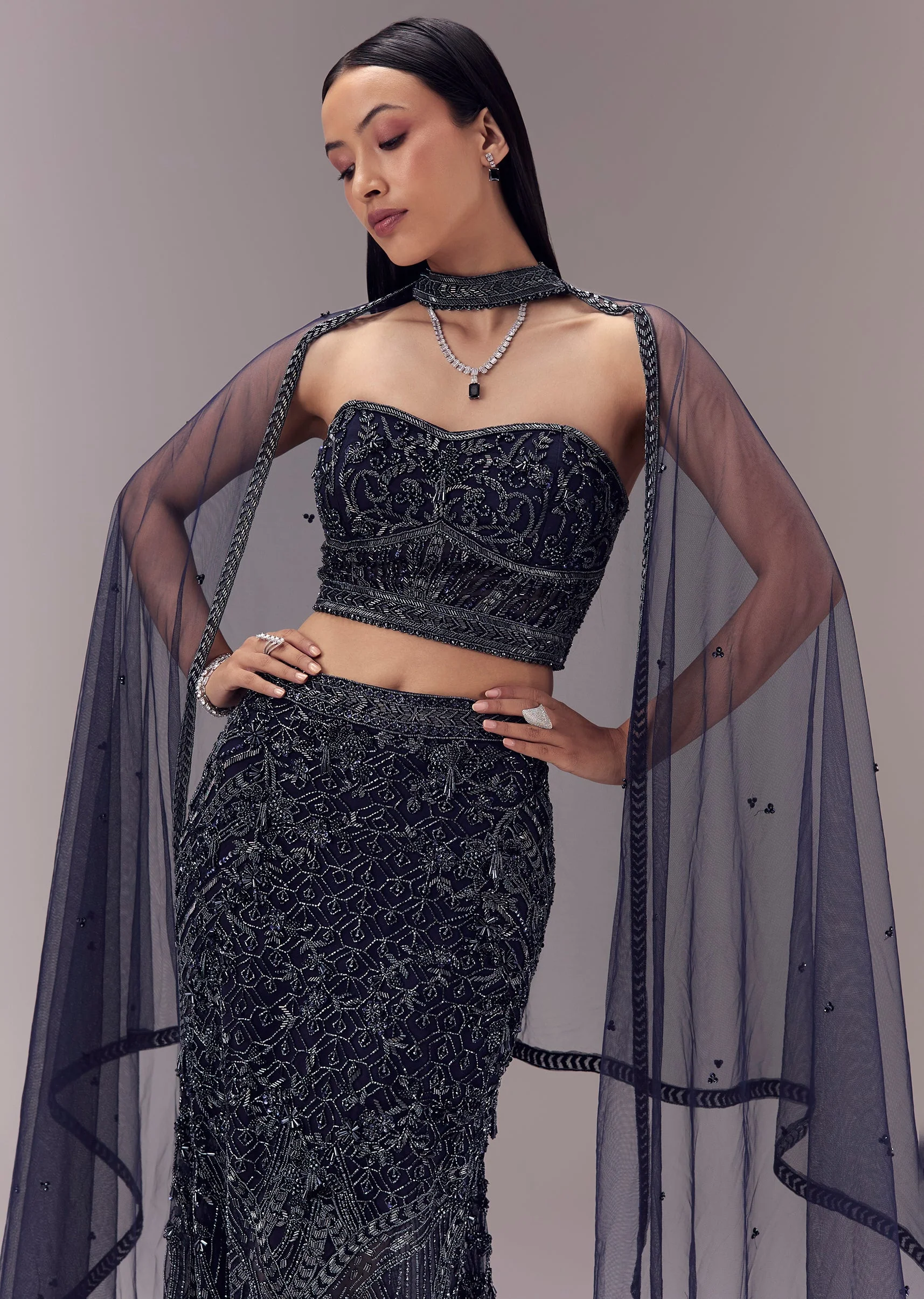 Blue Embellished Fishcut Lehenga with Corset Blouse and Choker Dupatta - Image 6