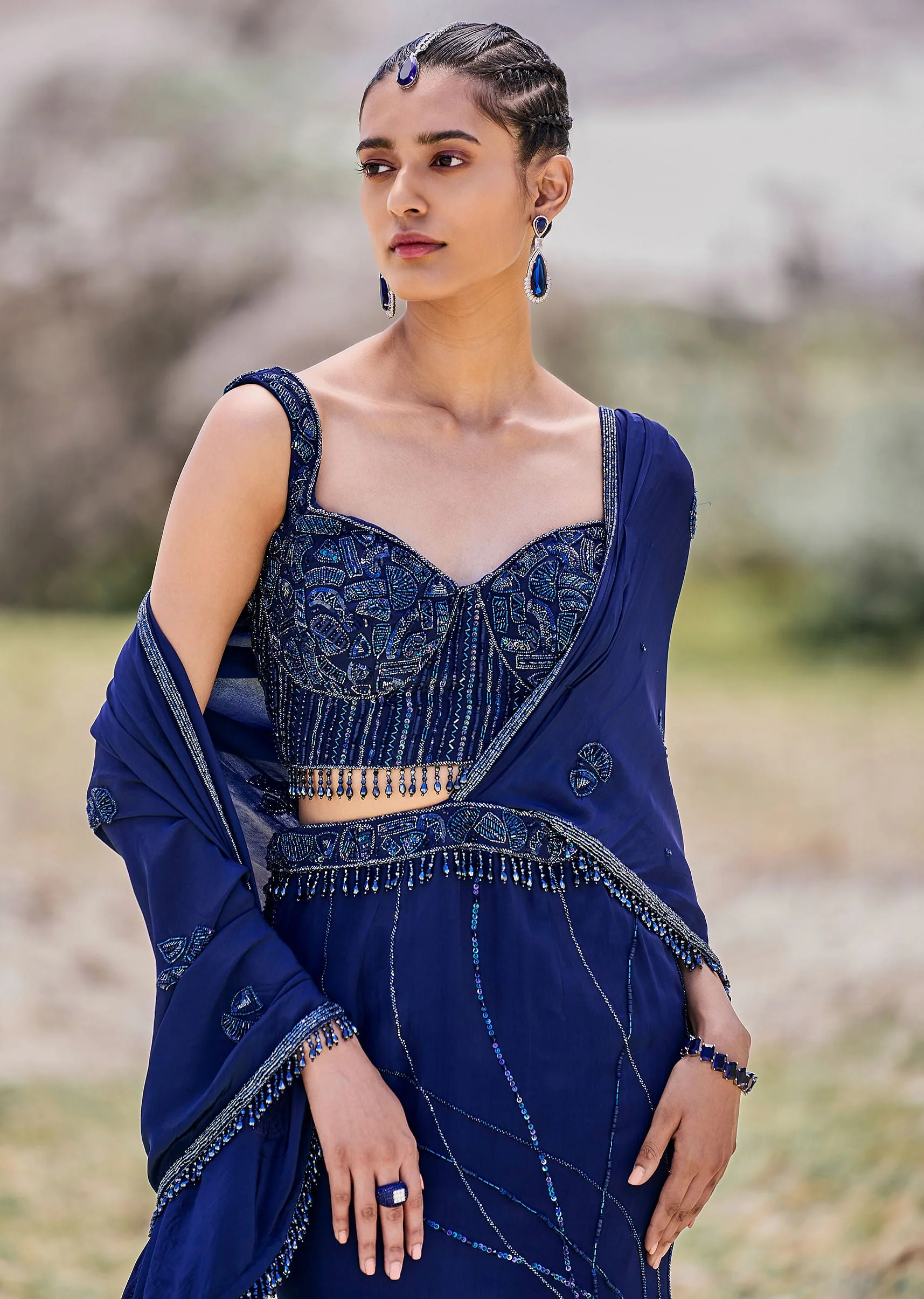 Blue Embroidered Asymmetric Fishcut Crepe Skirt With Blouse And Pallu - Image 4