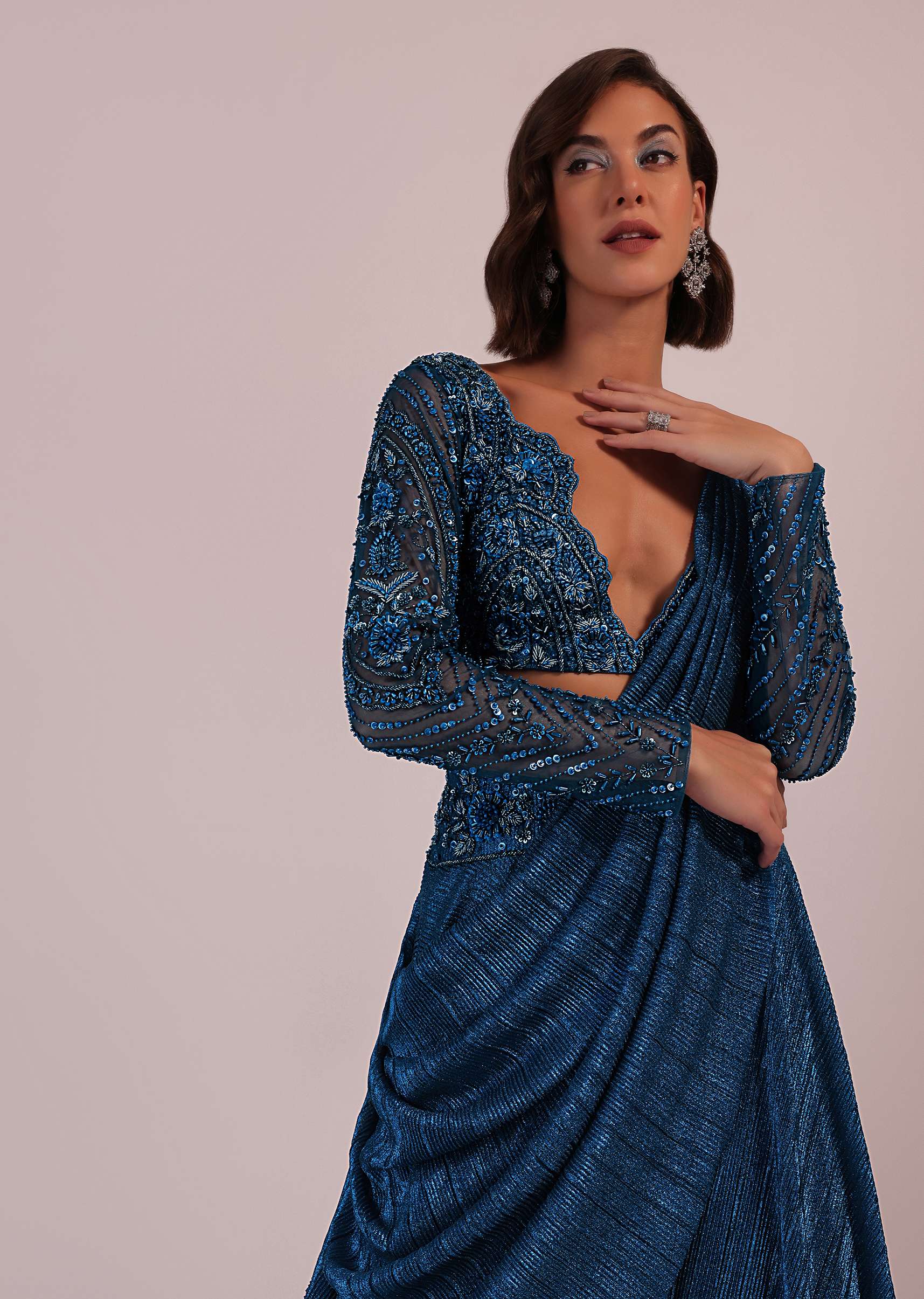 Blue Embroidered Bridesmaid Drape Saree And Blouse Set In Crushed Shimmer - Image 3