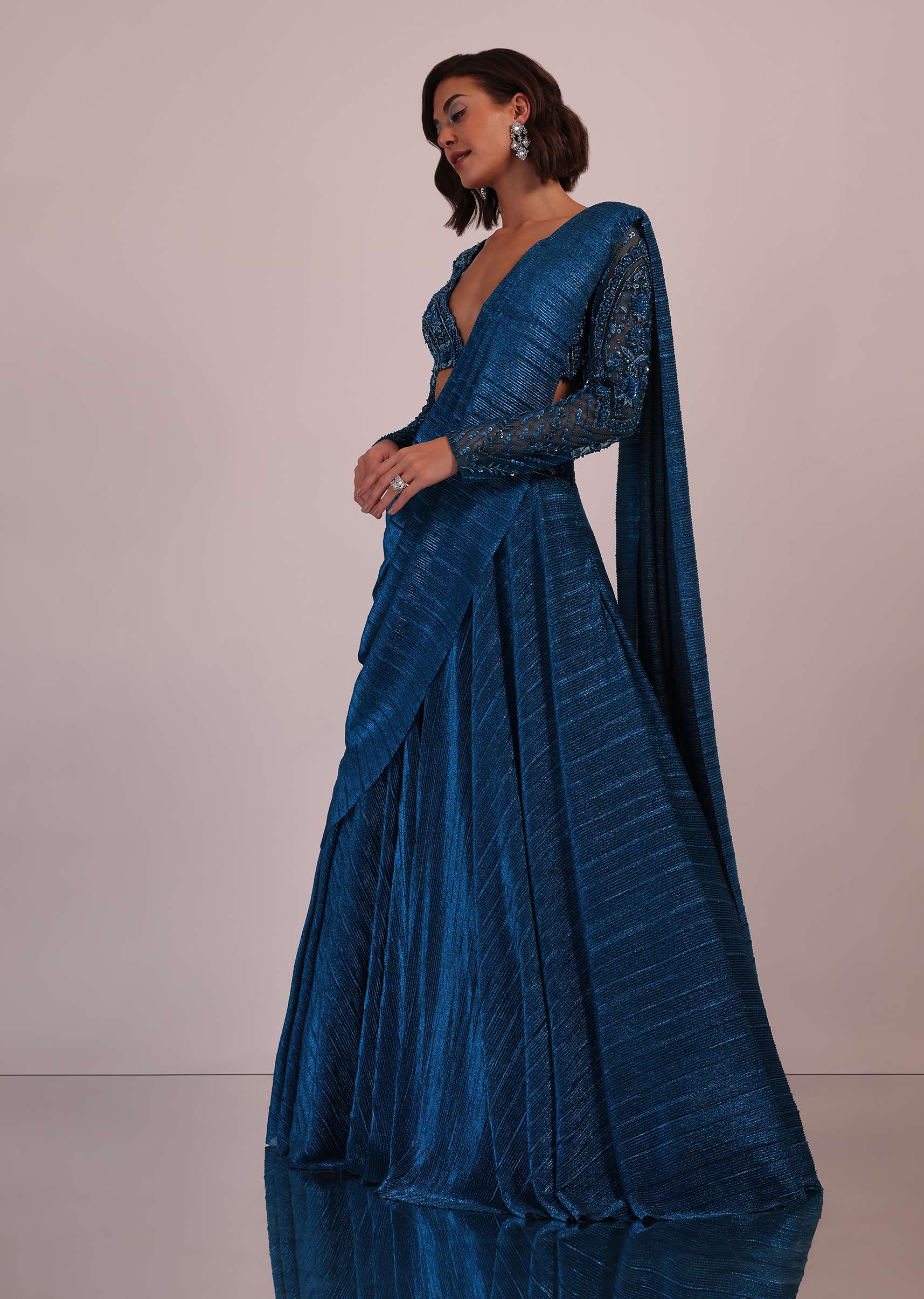 Blue Embroidered Bridesmaid Drape Saree And Blouse Set In Crushed Shimmer - Image 8