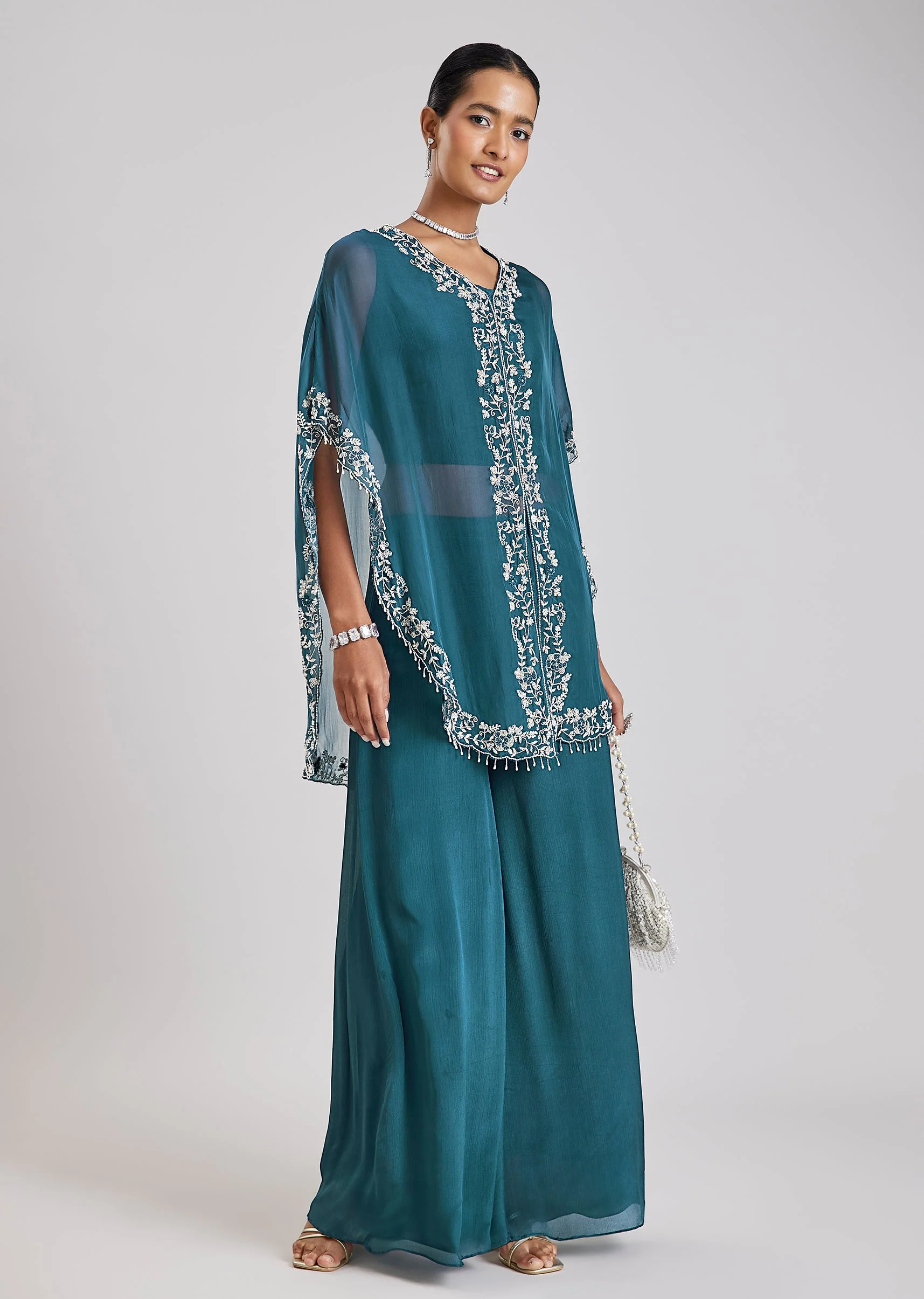 Blue Embroidered Cape Style Top Palazzo Set - Image 3