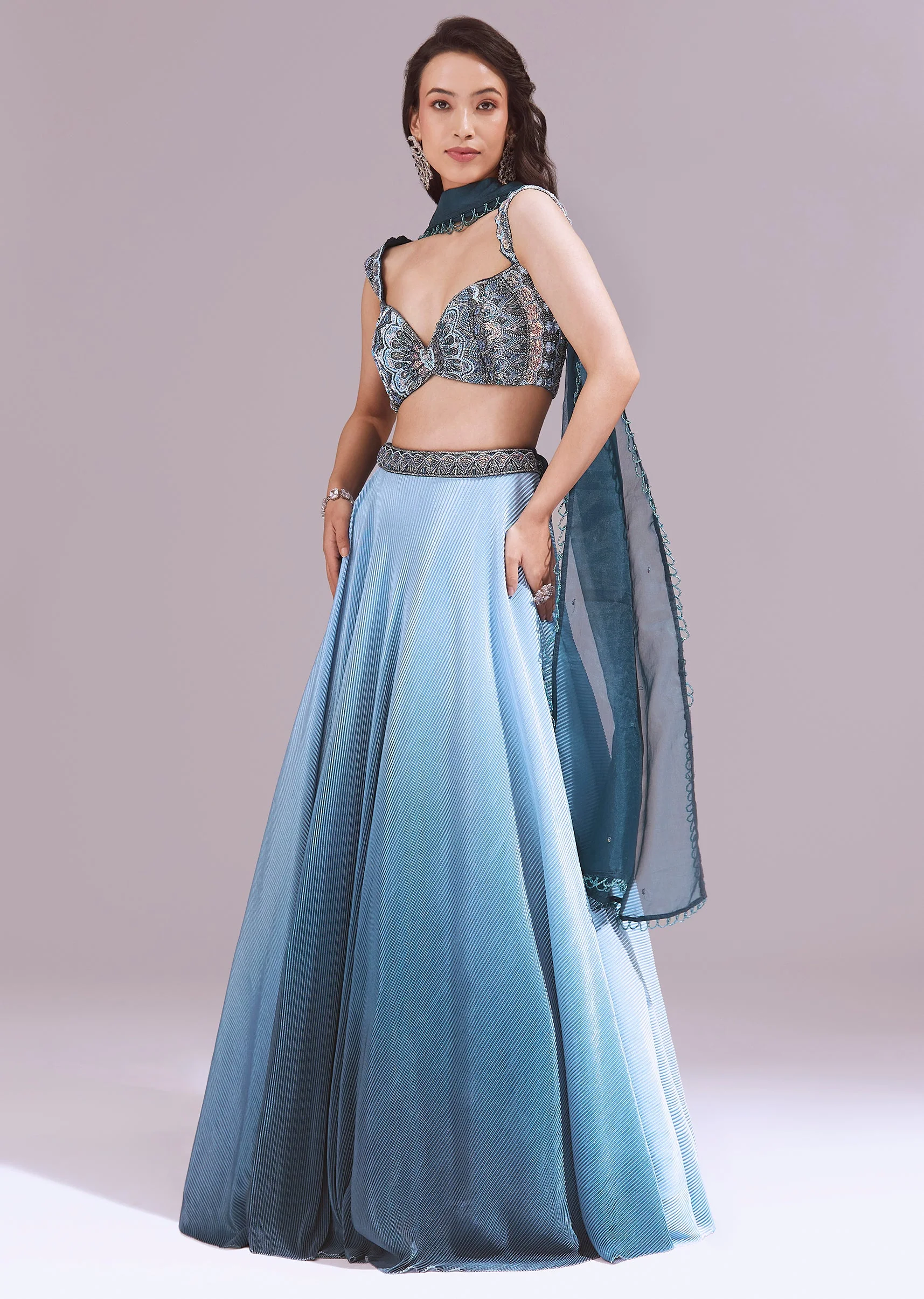 Blue Embroidered Lehenga Set With Dupattas - Image 4