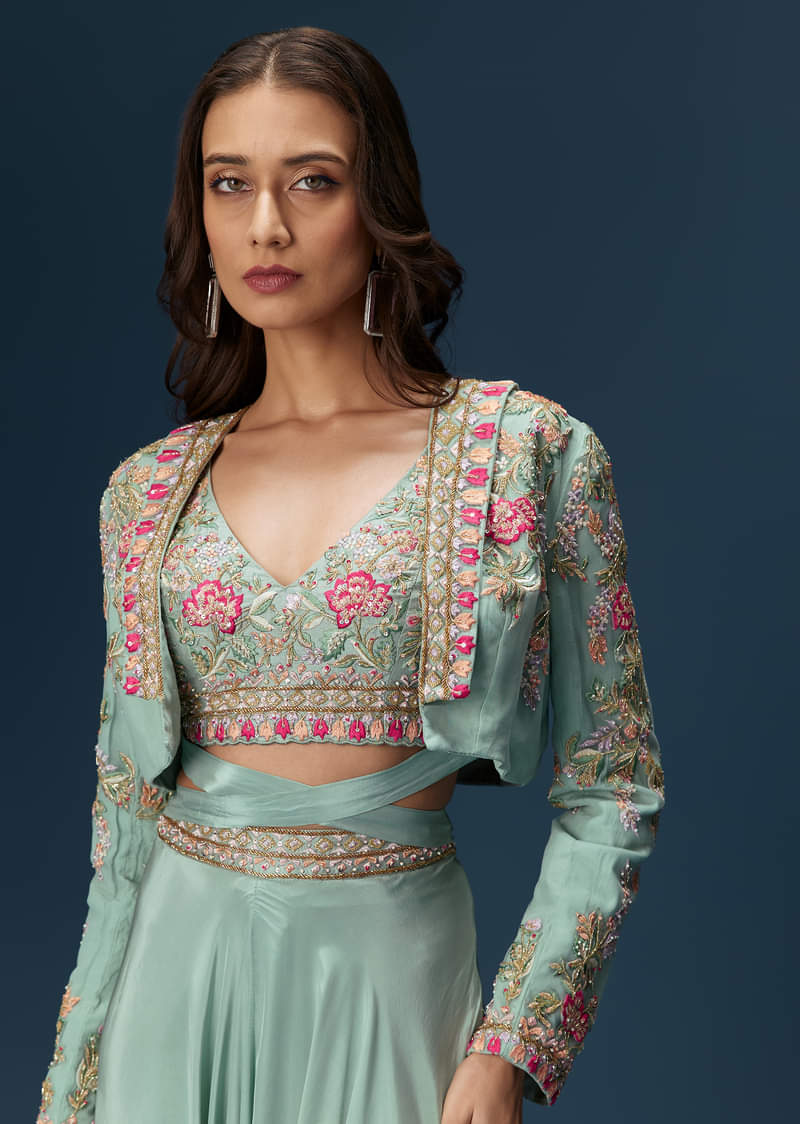 Blue Embroidered Palazzo Set With Coordinated Jacket And Blouse - Image 5