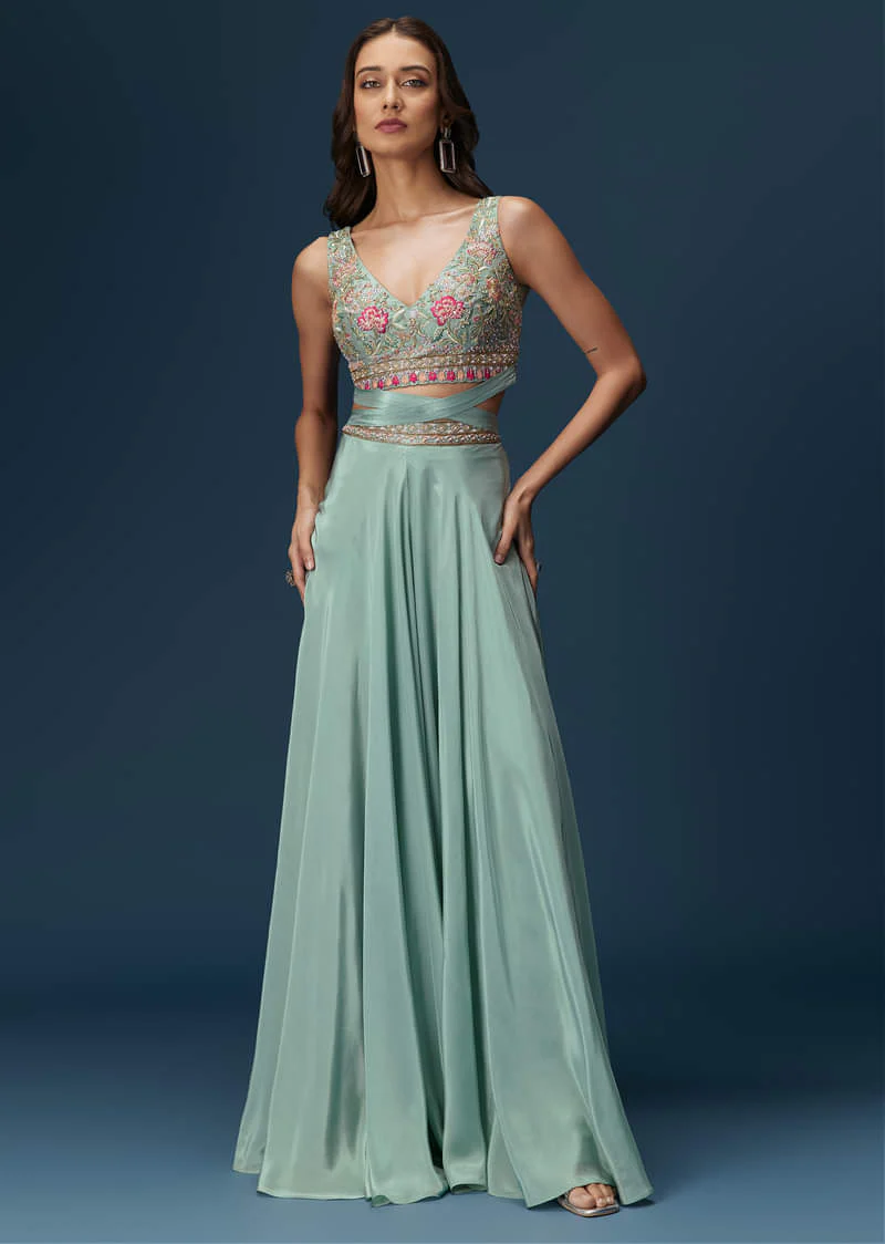 Blue Embroidered Palazzo Set With Coordinated Jacket And Blouse - Image 7