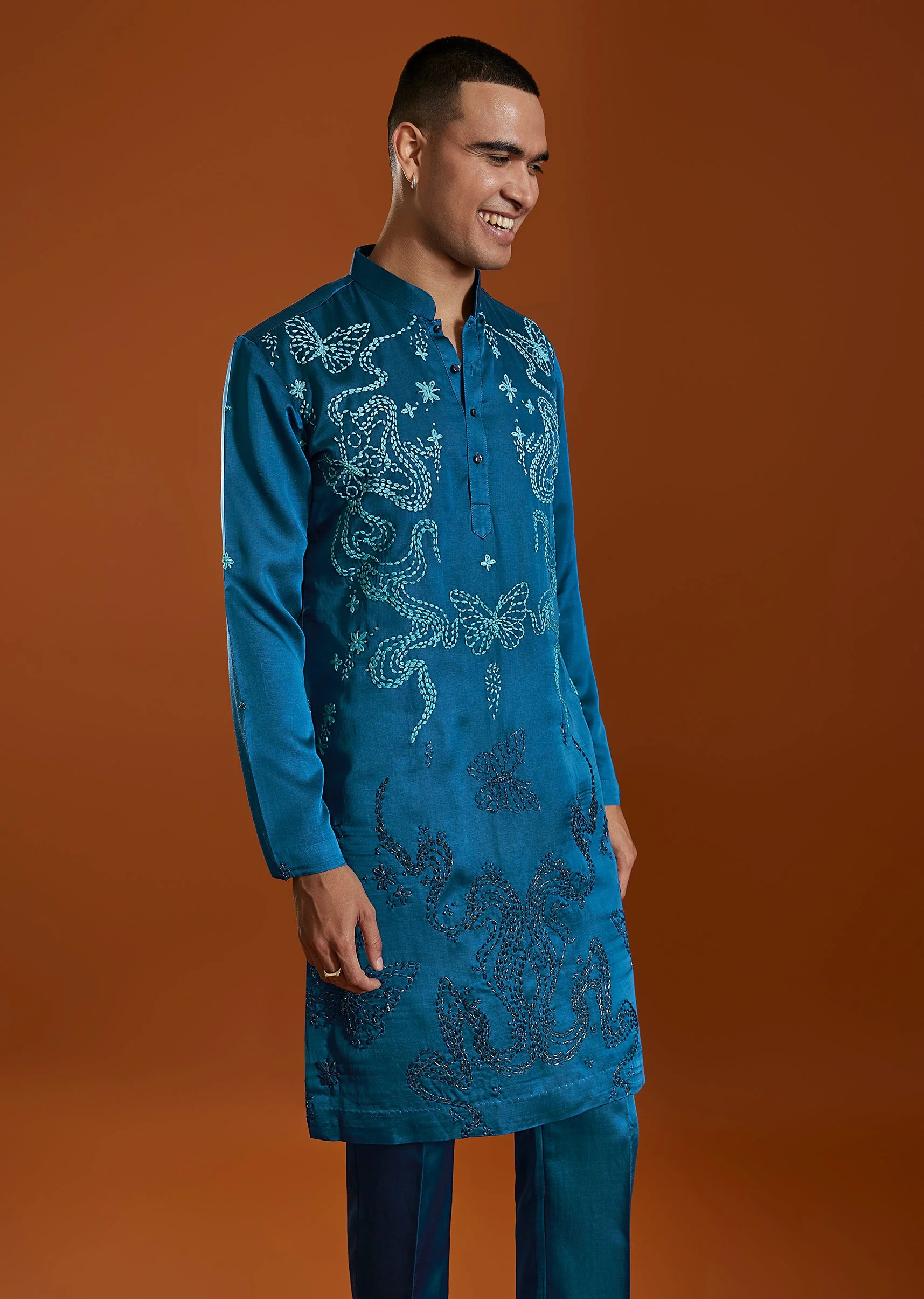 Blue Embroidered Satin Silk Kurta Set With Dupatta - Image 5