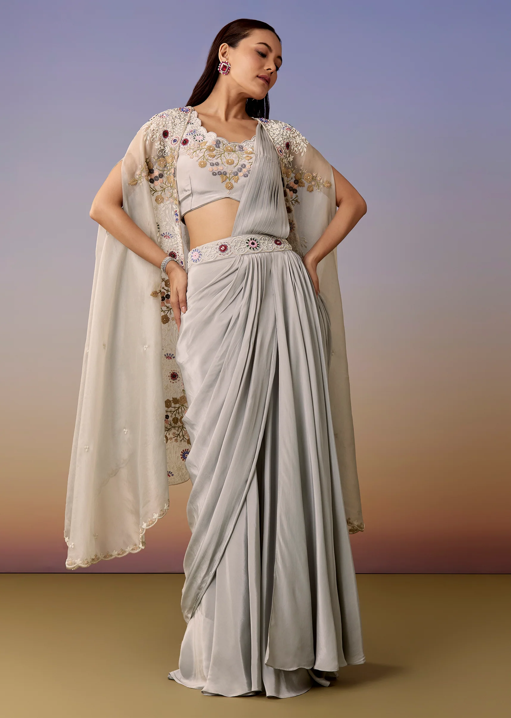 Blue Festive Duo – Cape Pre Draped Saree Set For Her And Silk Kurta Jacket Set For Him - Image 5
