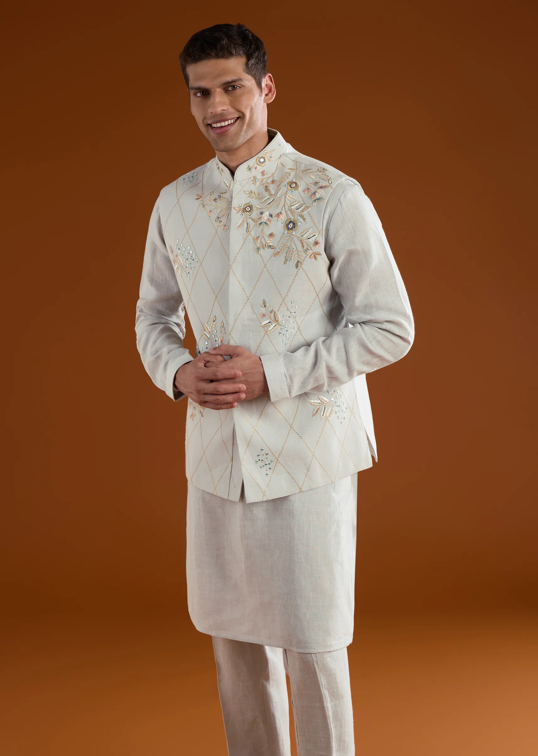 Blue Festive Duo – Cape Pre Draped Saree Set For Her And Silk Kurta Jacket Set For Him - Image 7
