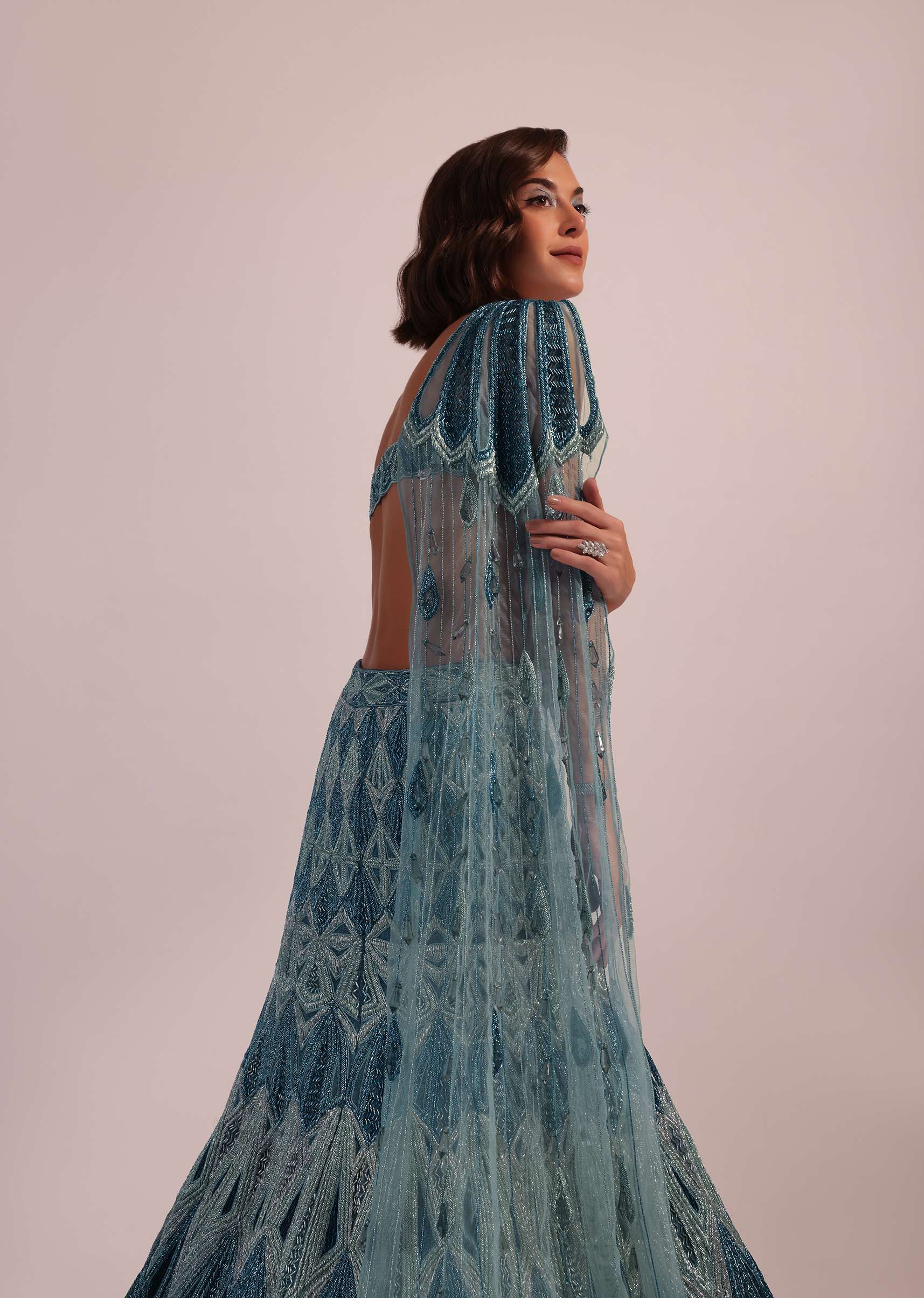 Blue Fish Cut Bridal Lehenga Set In Net With Hand Embroidery - Image 3