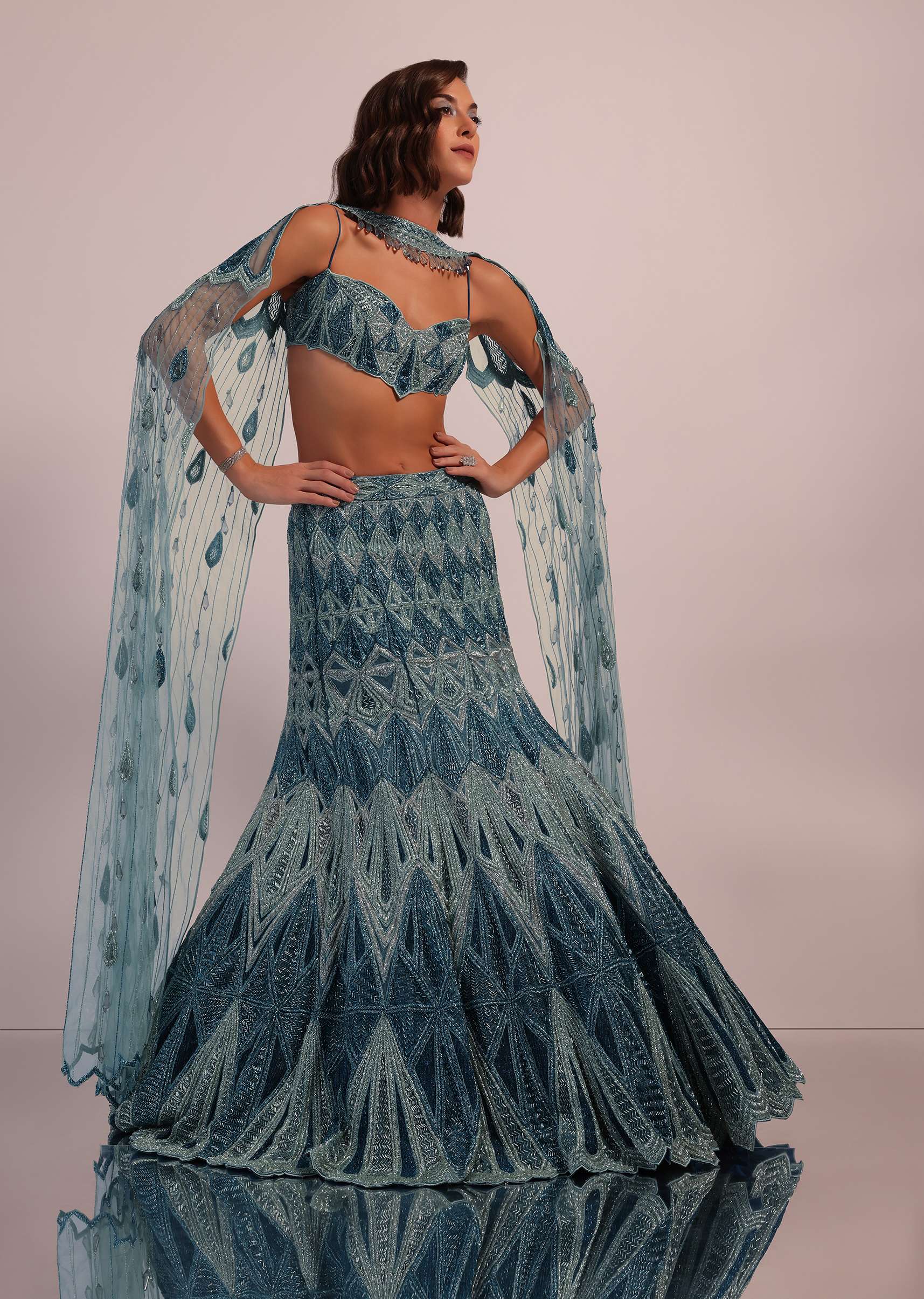 Blue Fish Cut Bridal Lehenga Set In Net With Hand Embroidery - Image 4