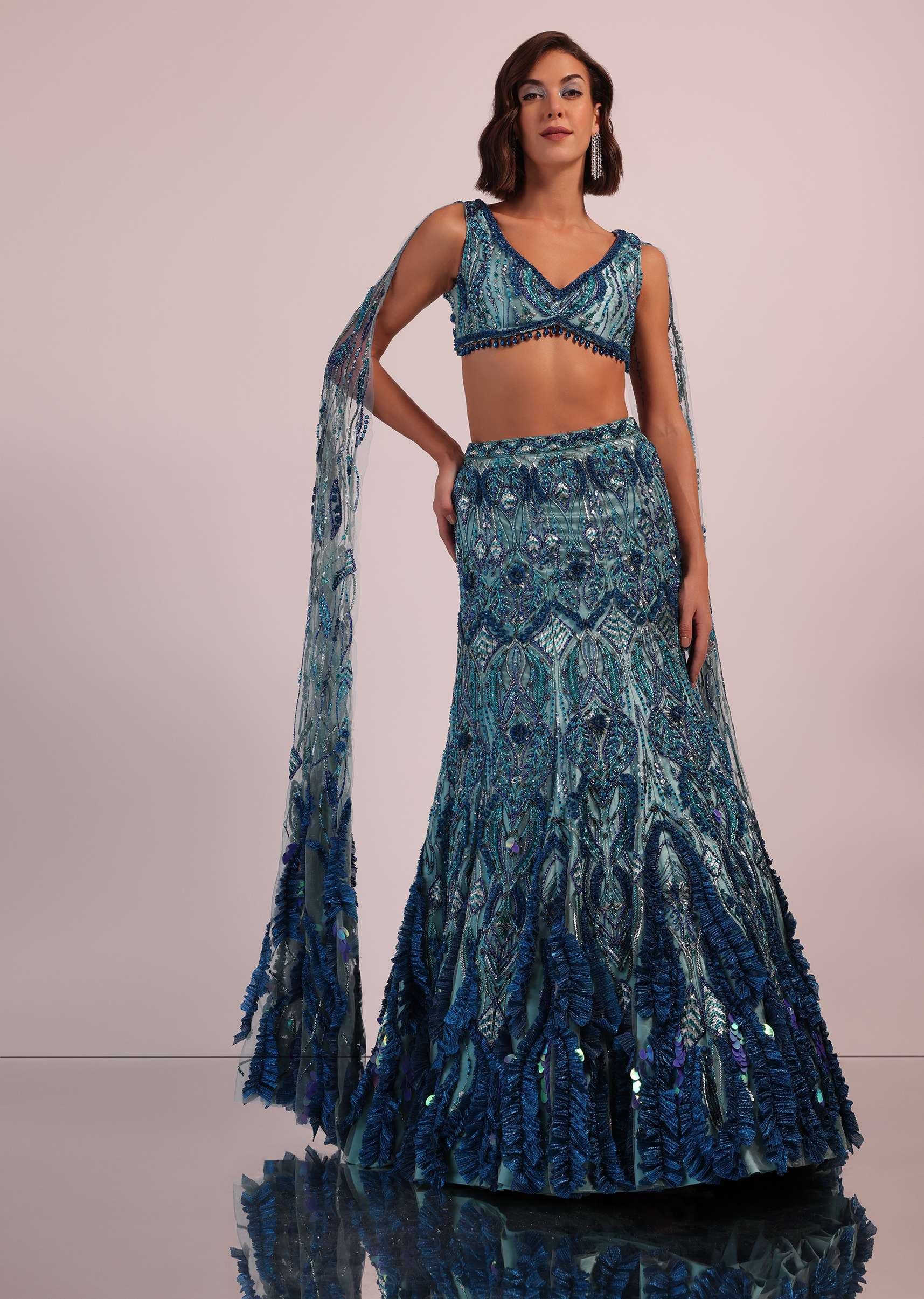 Blue Fish Cut Bridal Lehenga Set With Long Trail Sleeves And Heavy Embroidery - Image 3