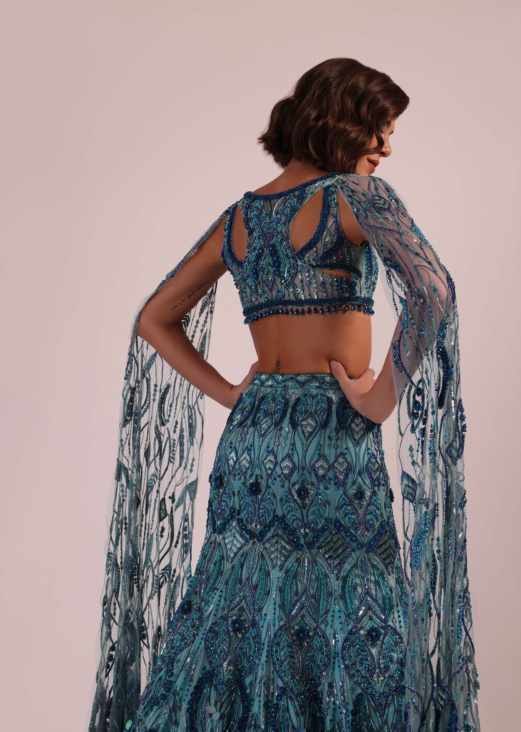 Blue Fish Cut Bridal Lehenga Set With Long Trail Sleeves And Heavy Embroidery - Image 7
