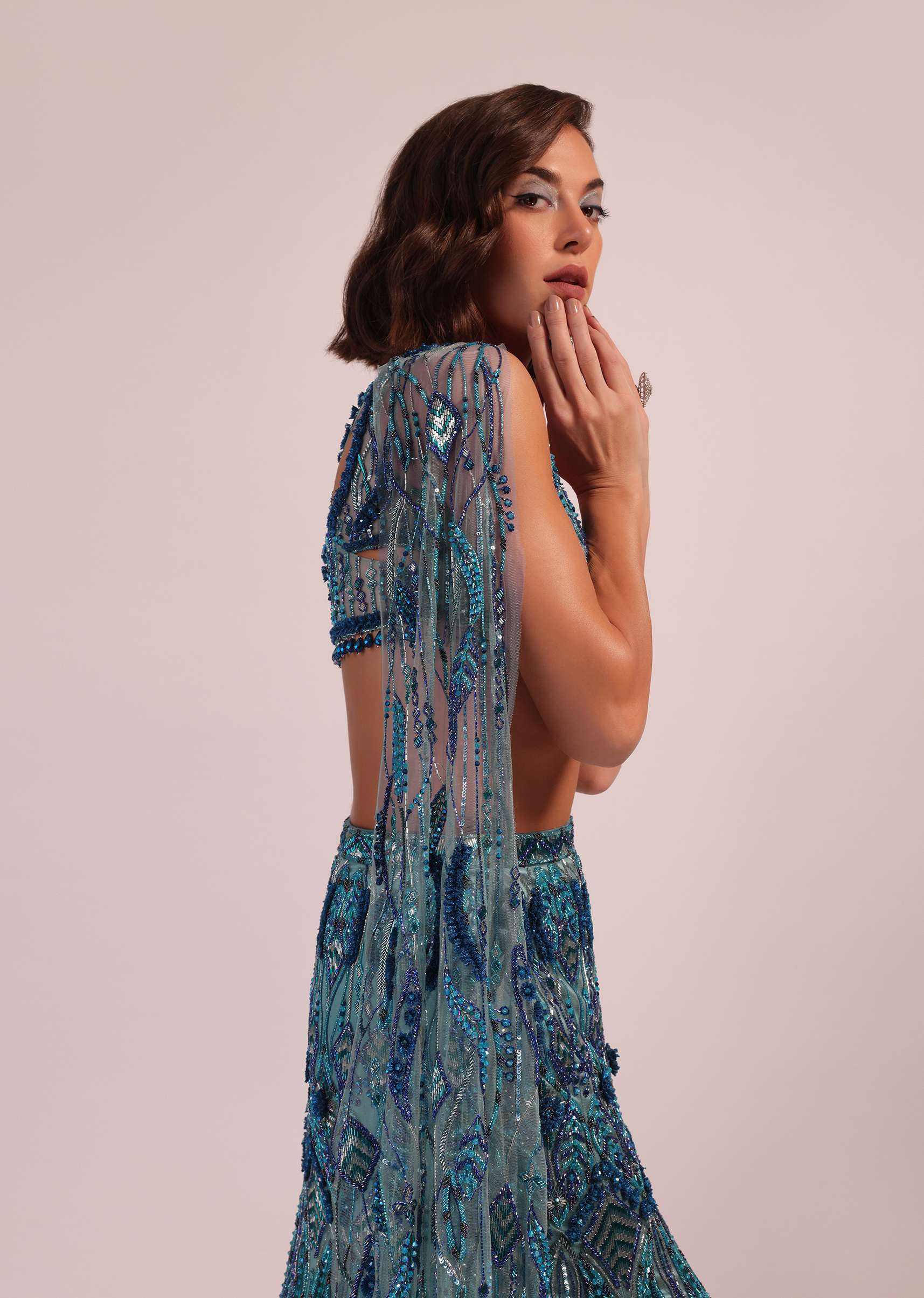 Blue Fish Cut Bridal Lehenga Set With Long Trail Sleeves And Heavy Embroidery - Image 8