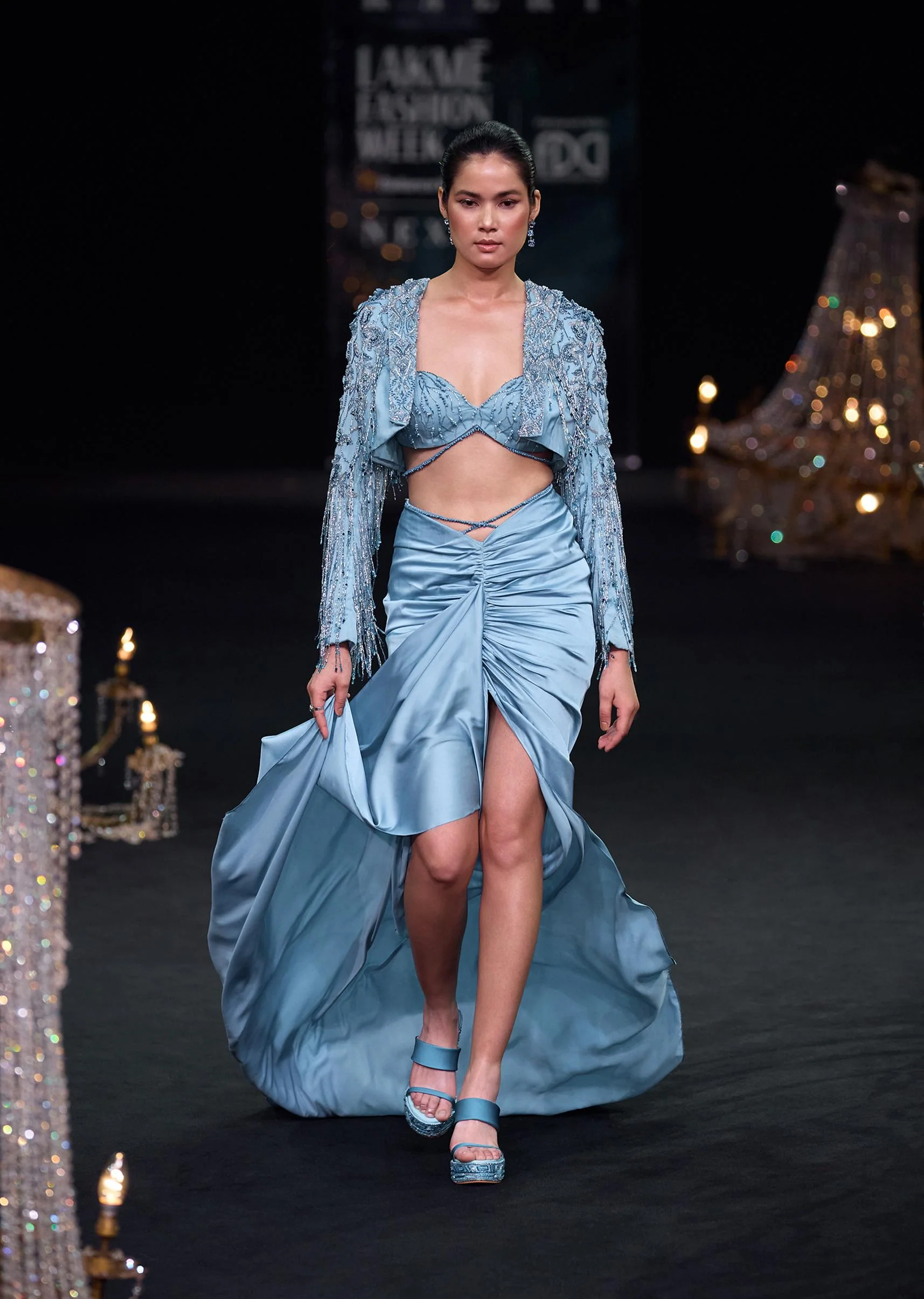 Blue Fish Cut Gathered Zardosi Draped Skirt And Tassel Jacket Set - Image 8