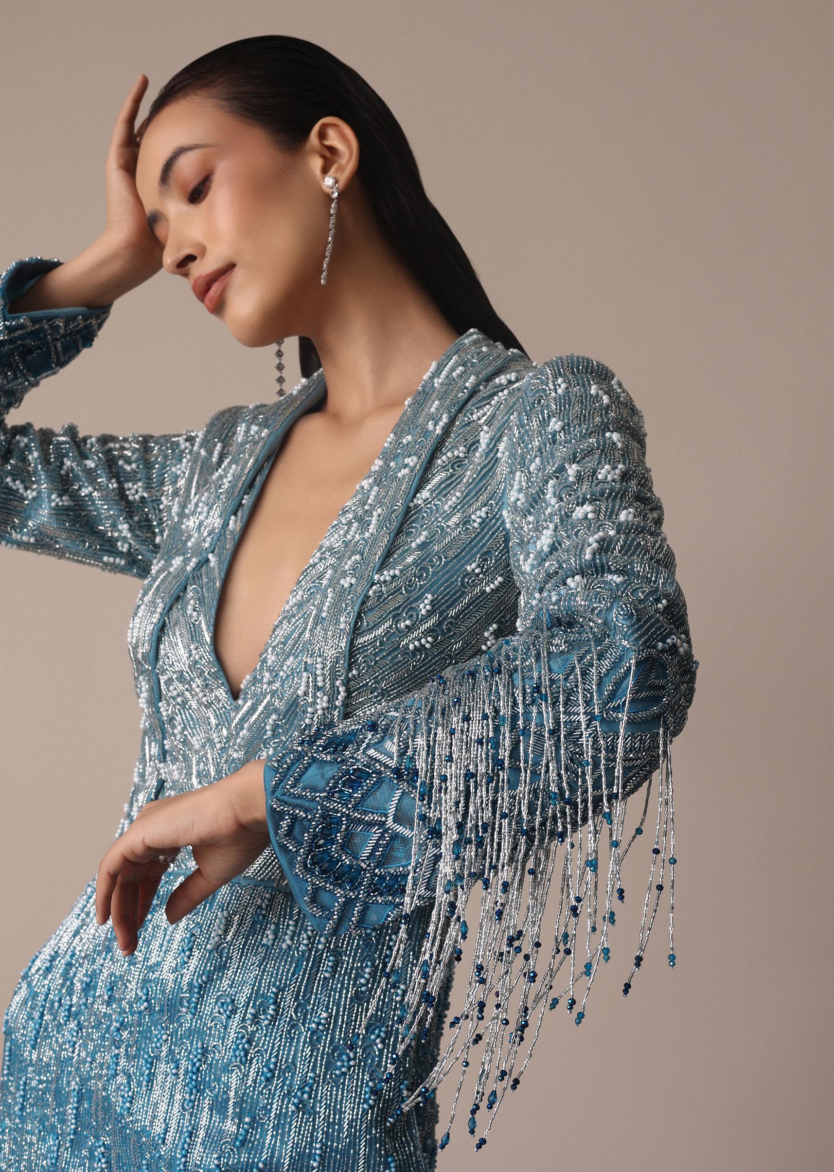 Blue Fish Cut Ombre Trail Embroidered Gown - Image 3