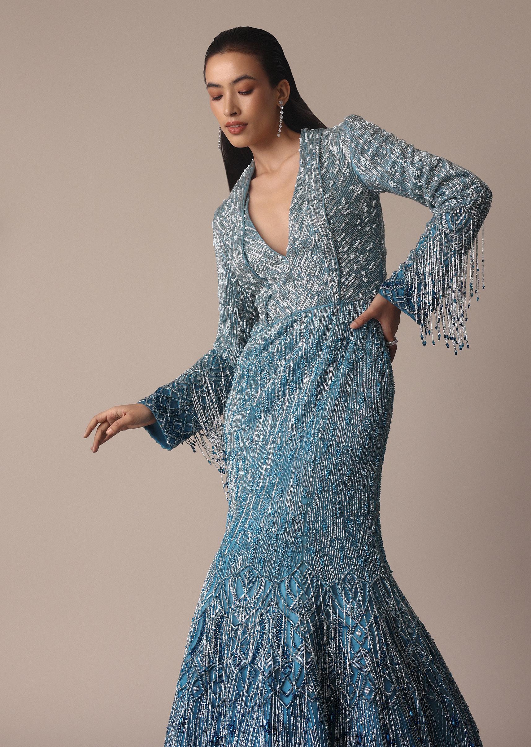 Blue Fish Cut Ombre Trail Embroidered Gown - Image 5