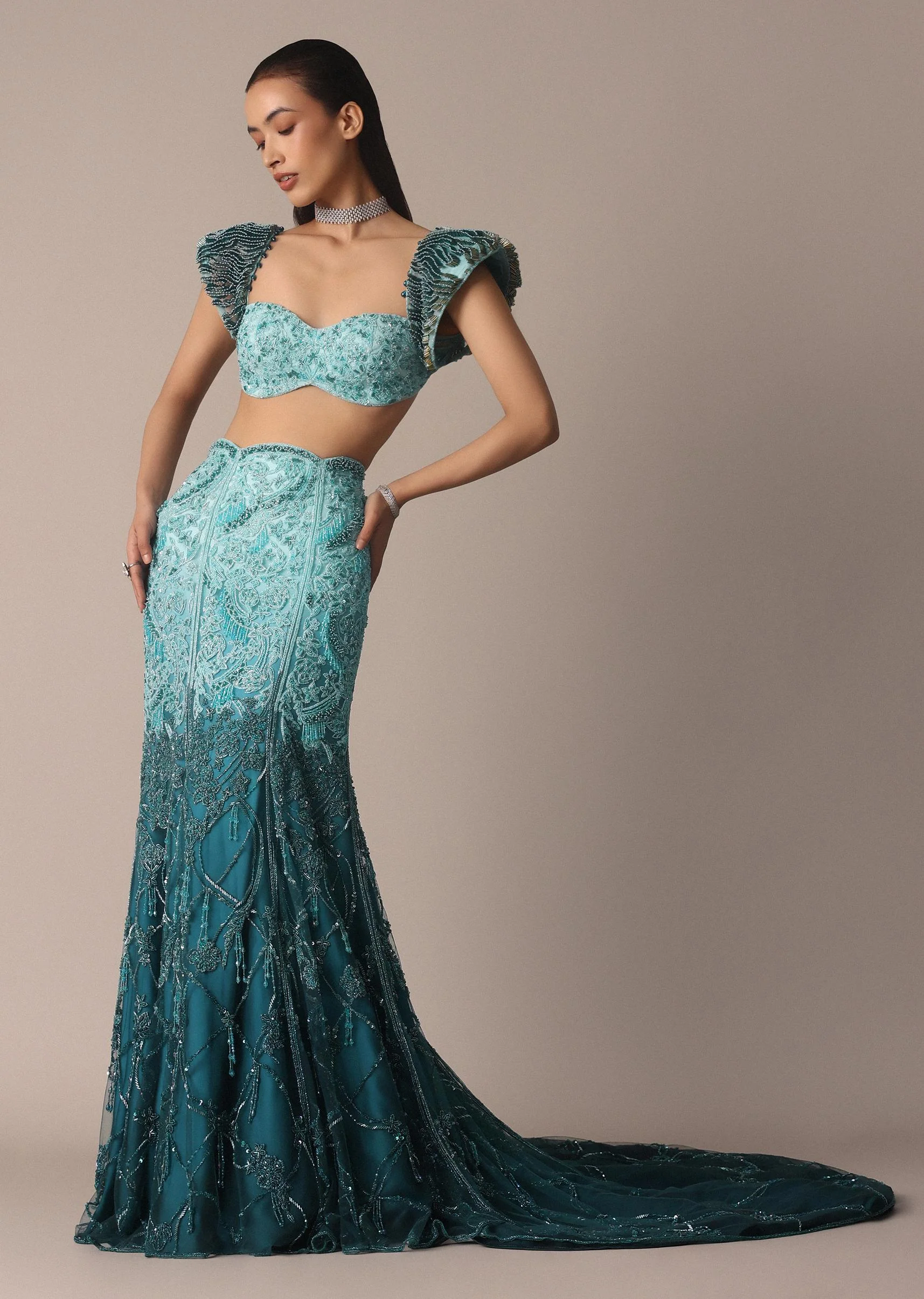 Blue Fish Cut Ombre Trail Skirt And Tassel Embellished Blouse - Image 2