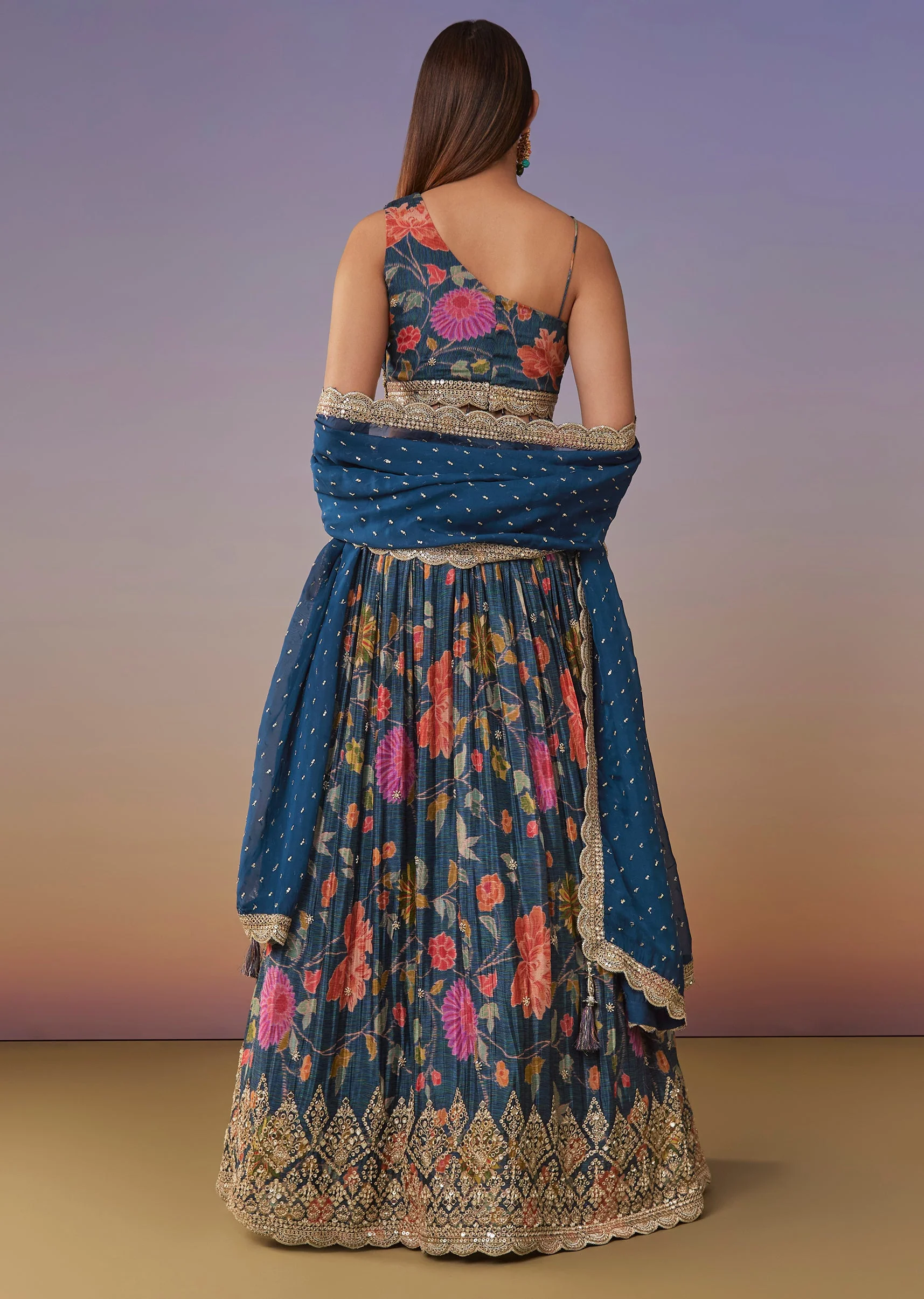 Blue Floral One Shoulder Lehenga Set With Sequin Detailing - Image 2