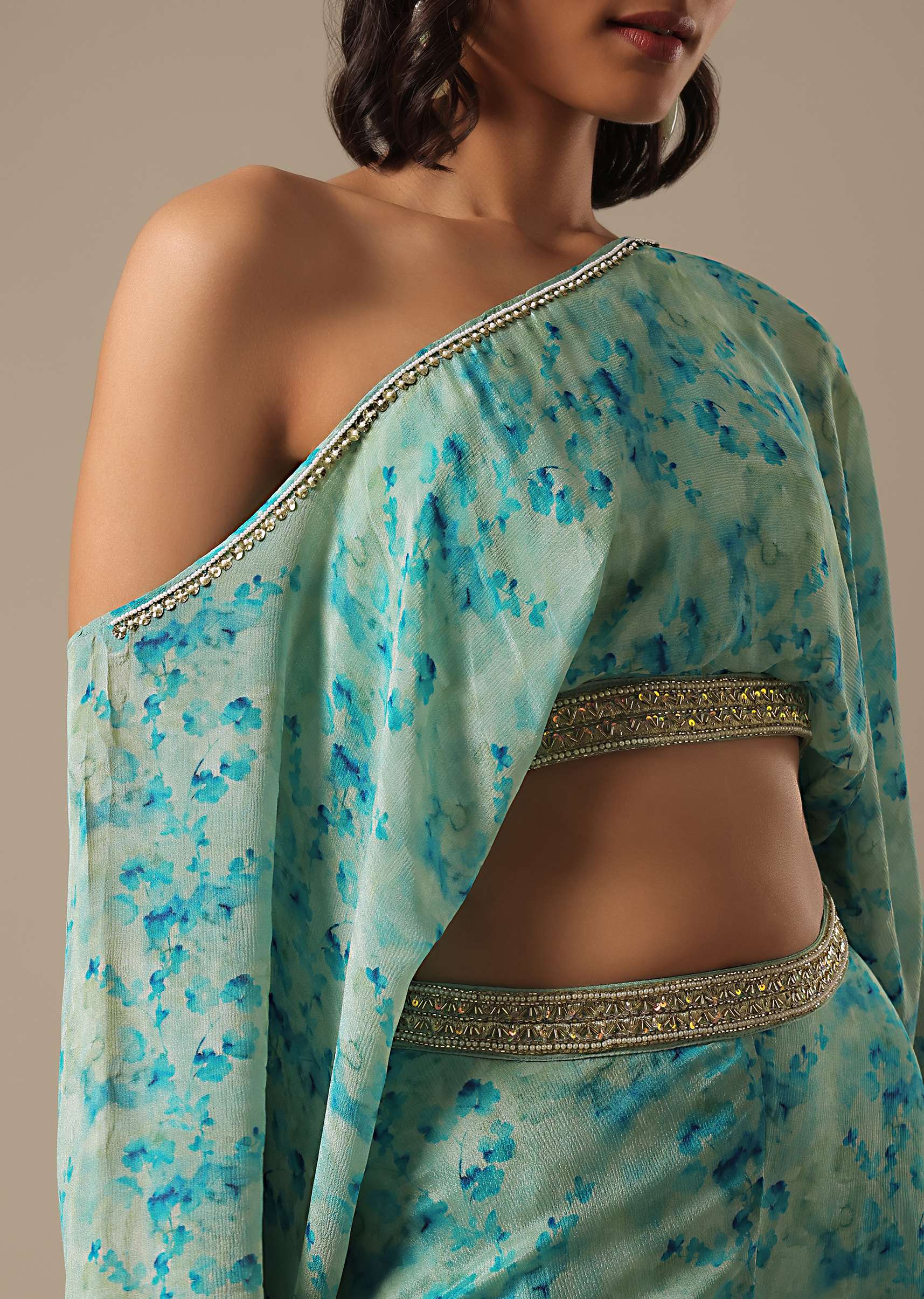 Blue Floral Print Crop Top And Palazzo Set - Image 3