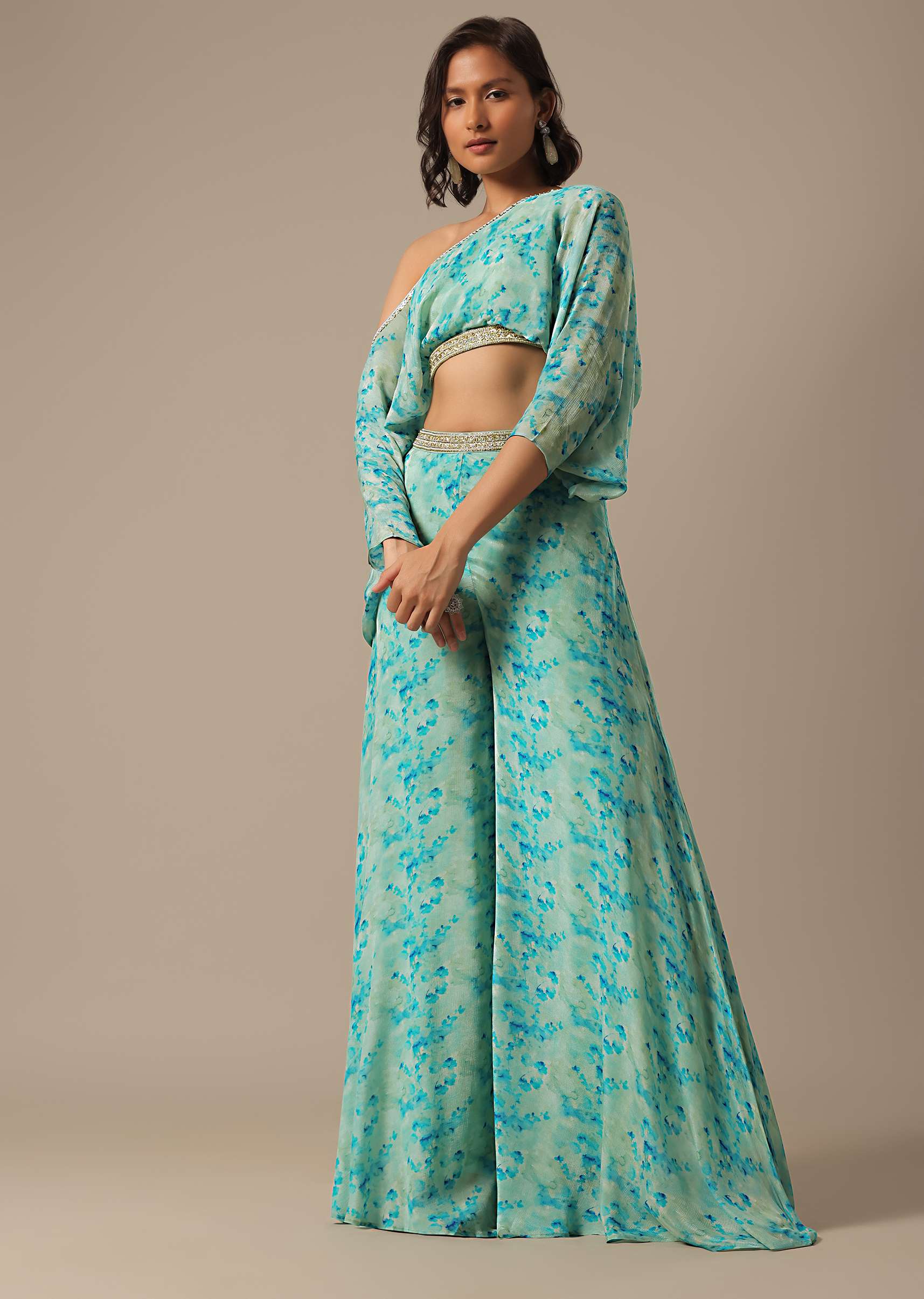 Blue Floral Print Crop Top And Palazzo Set - Image 4