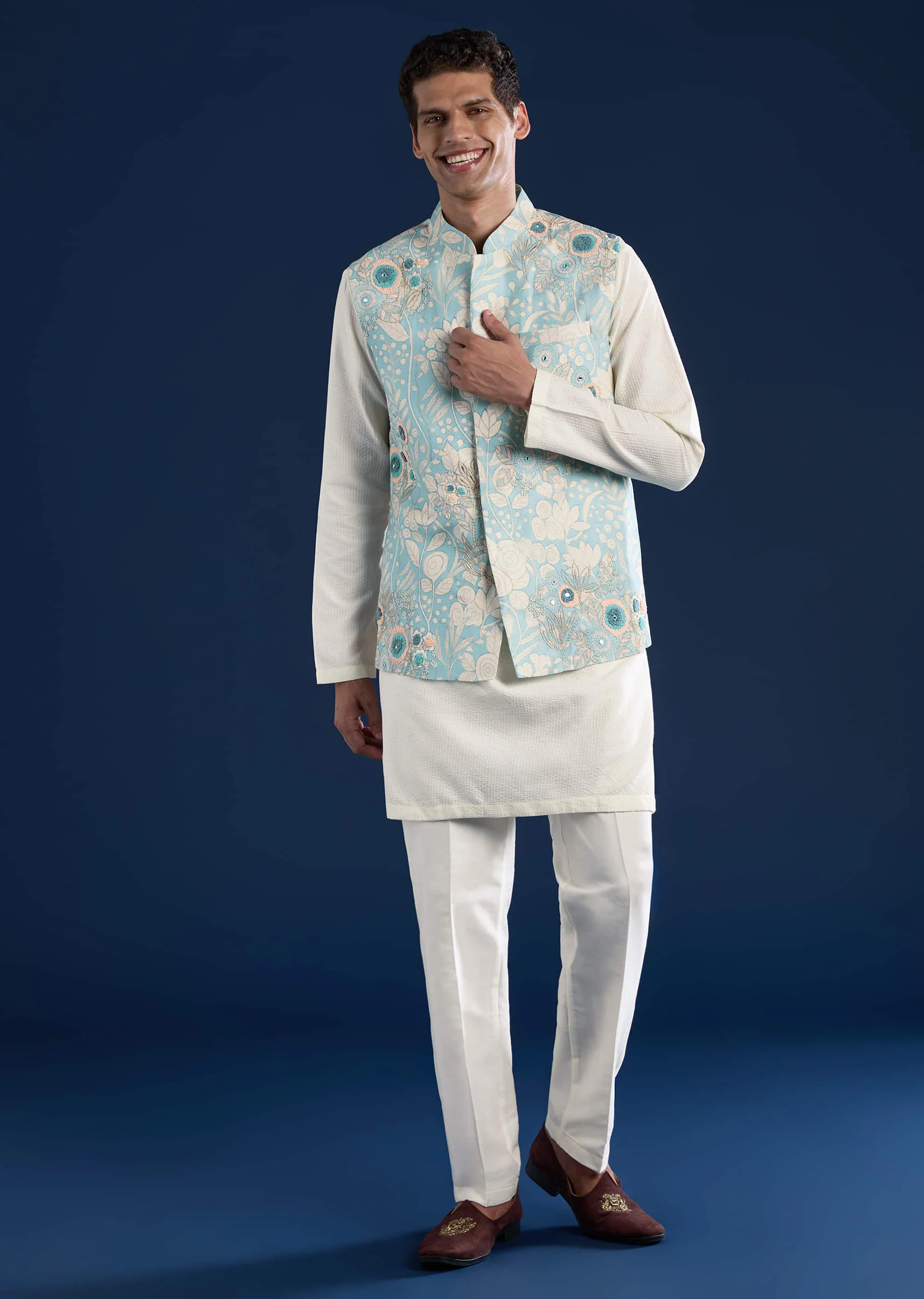 Blue Floral Print Silk Jacket Kurta Set