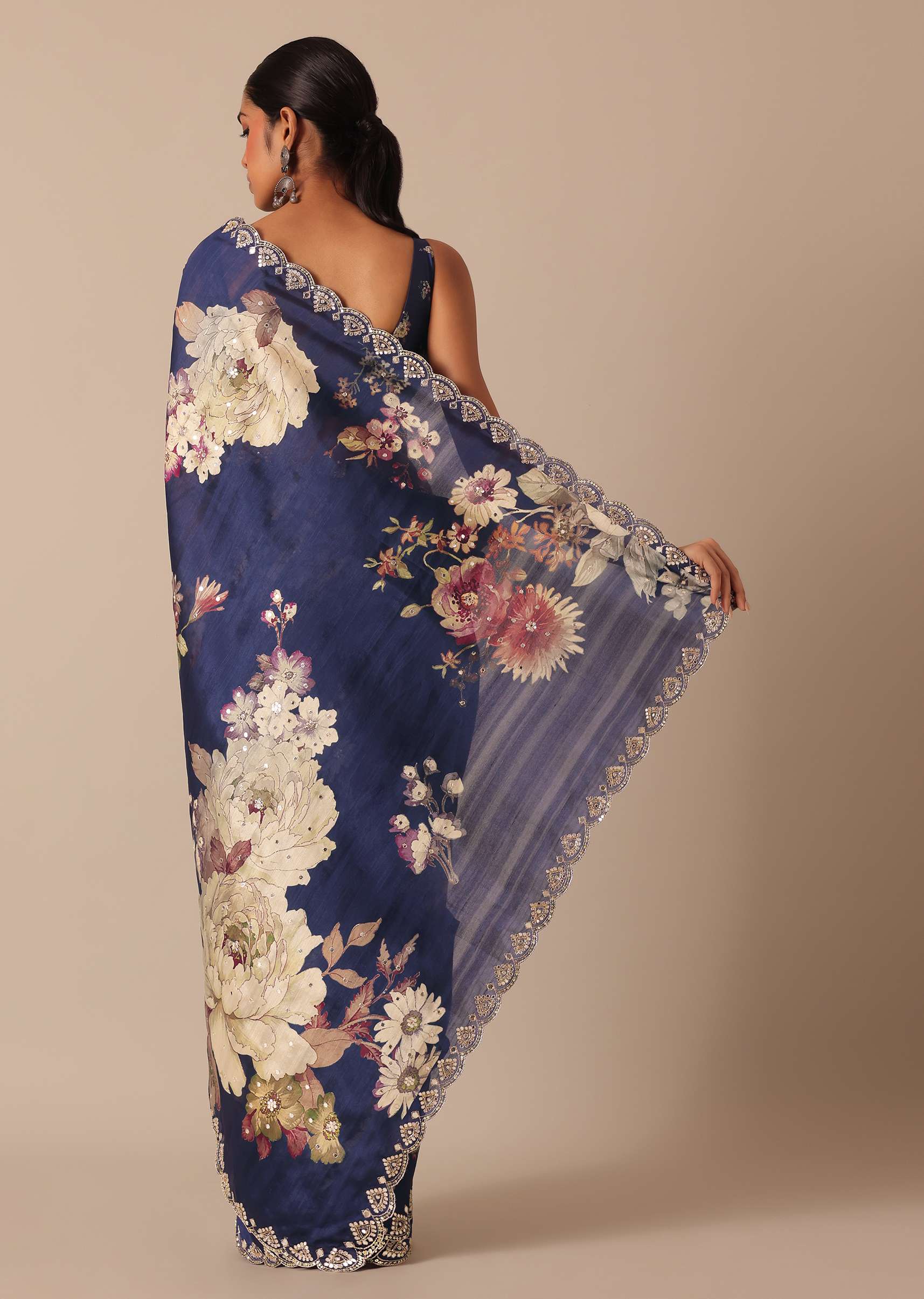Blue Floral Print Tussar Silk Saree With Unstitched Blouse Piece - Image 4