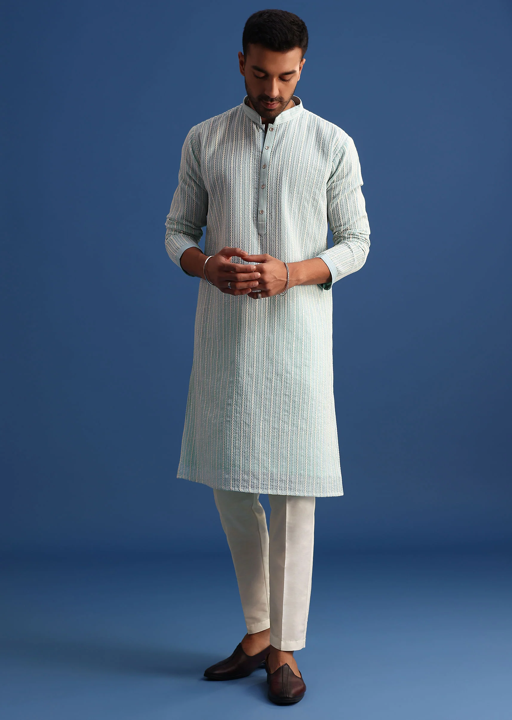 Blue Georgette Kurta Set With Resham Work - Image 4