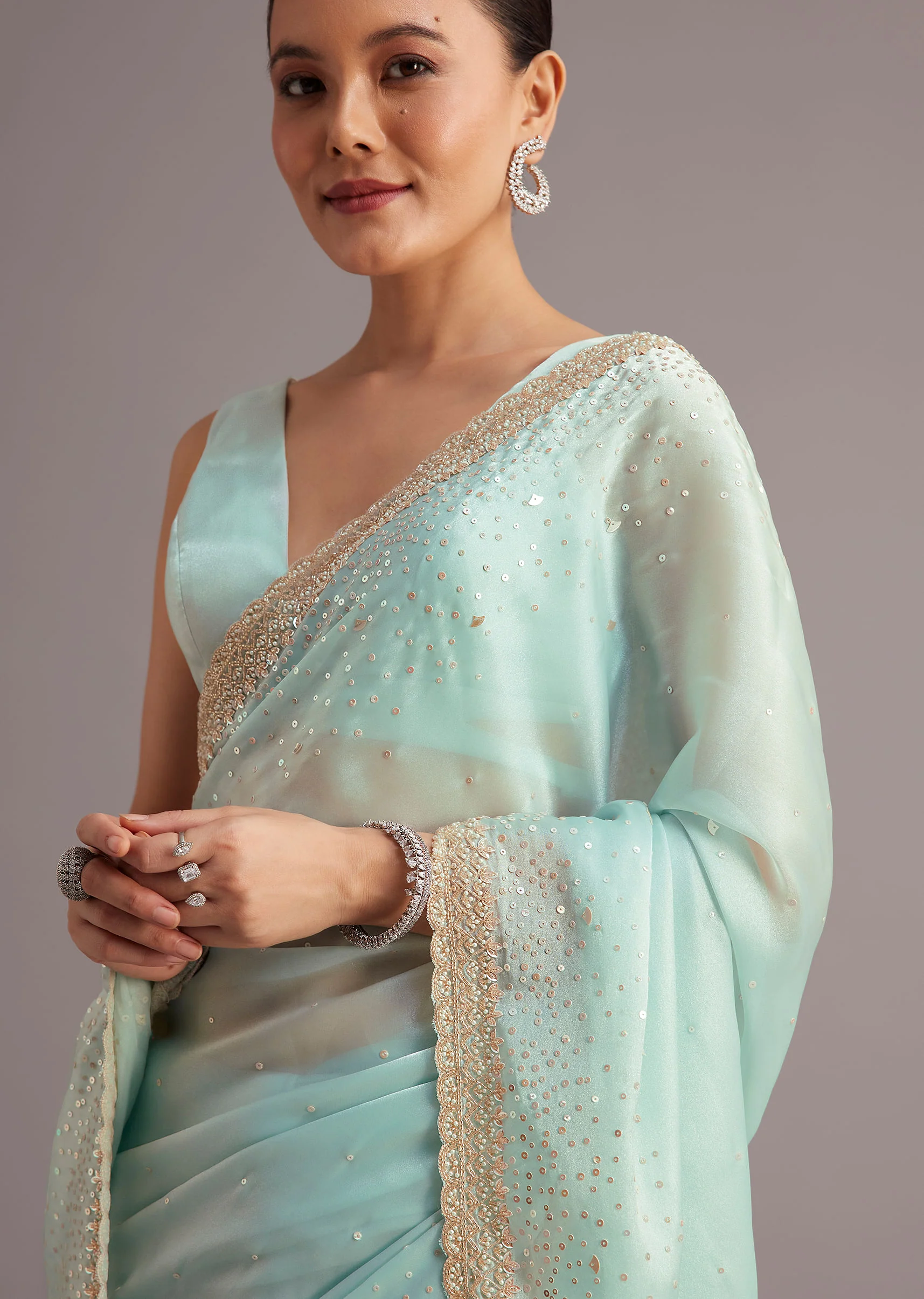 Blue Glass Tissue Saree With Cutdana Sequin And Beaded Embroidery - Image 5