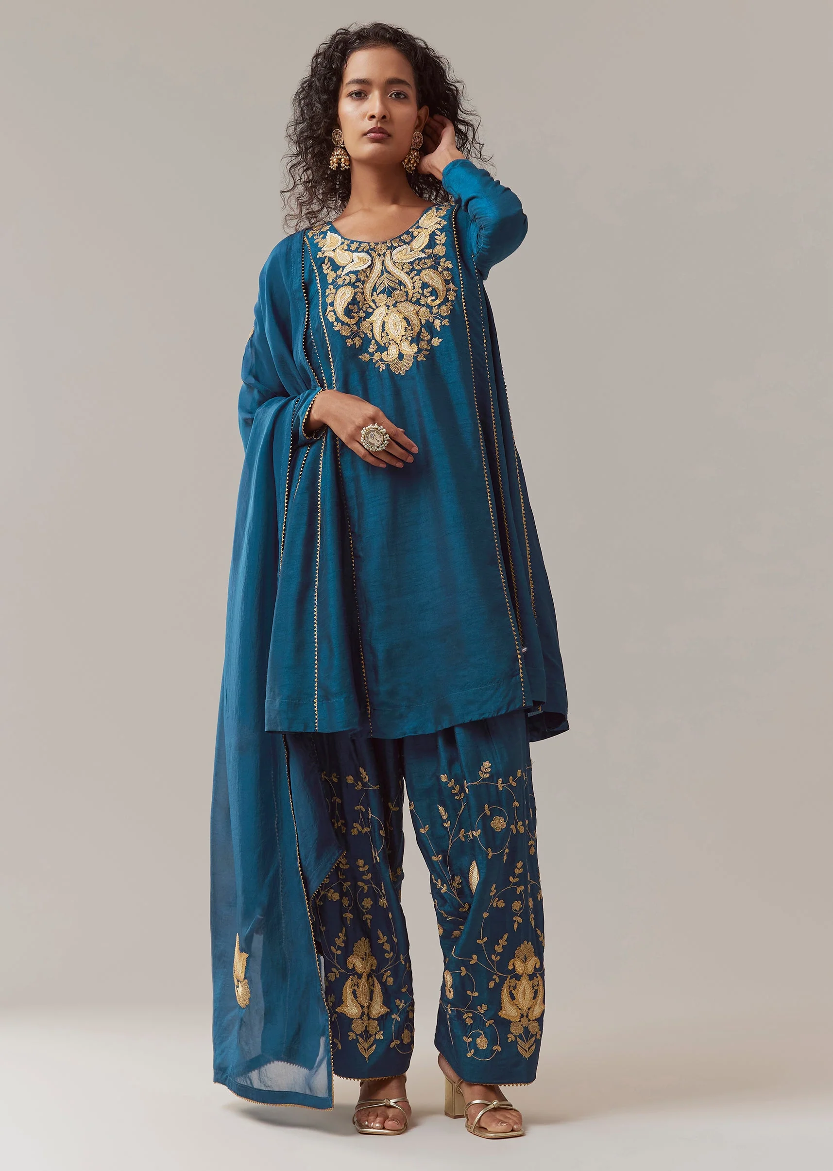 Blue Gota Work Silk Anarkali Set - Image 3