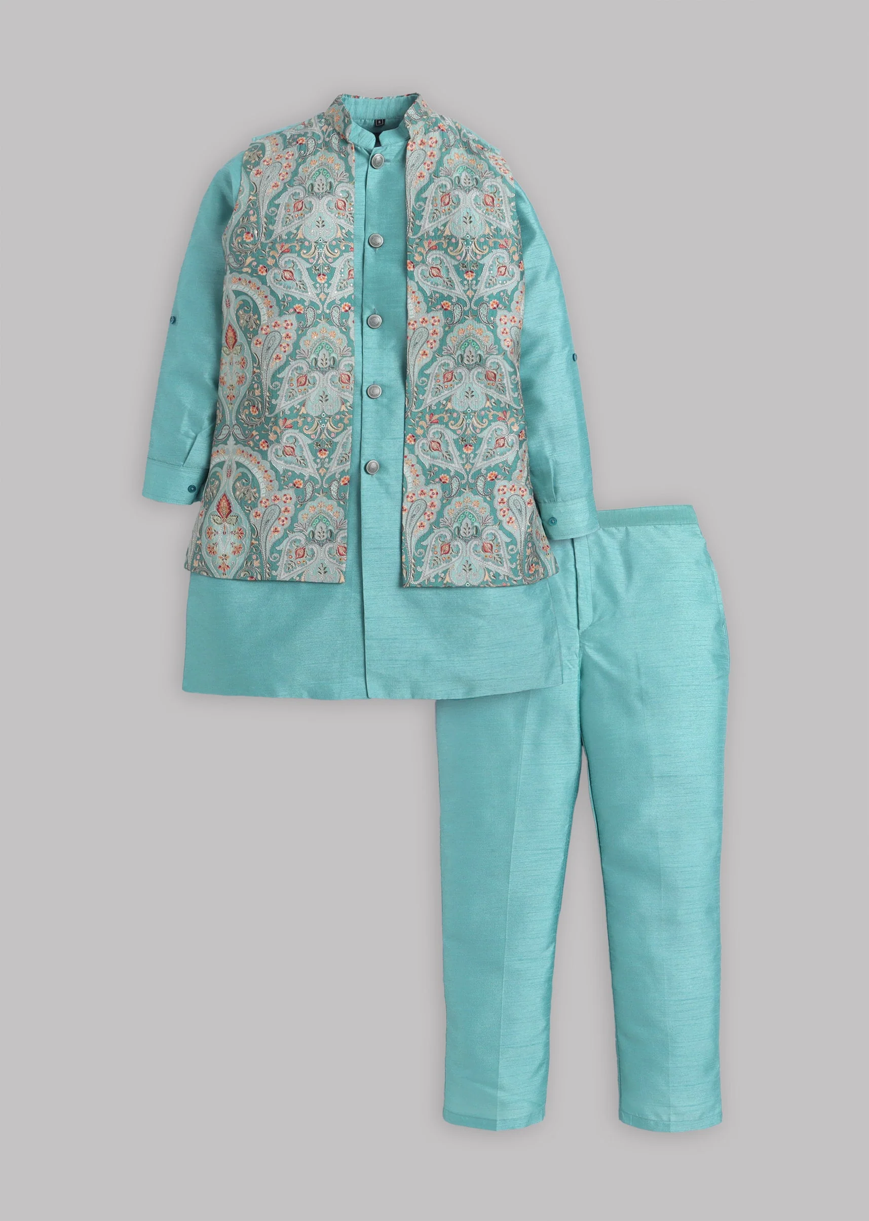 Blue Grey Floral Nehru Jacket Set