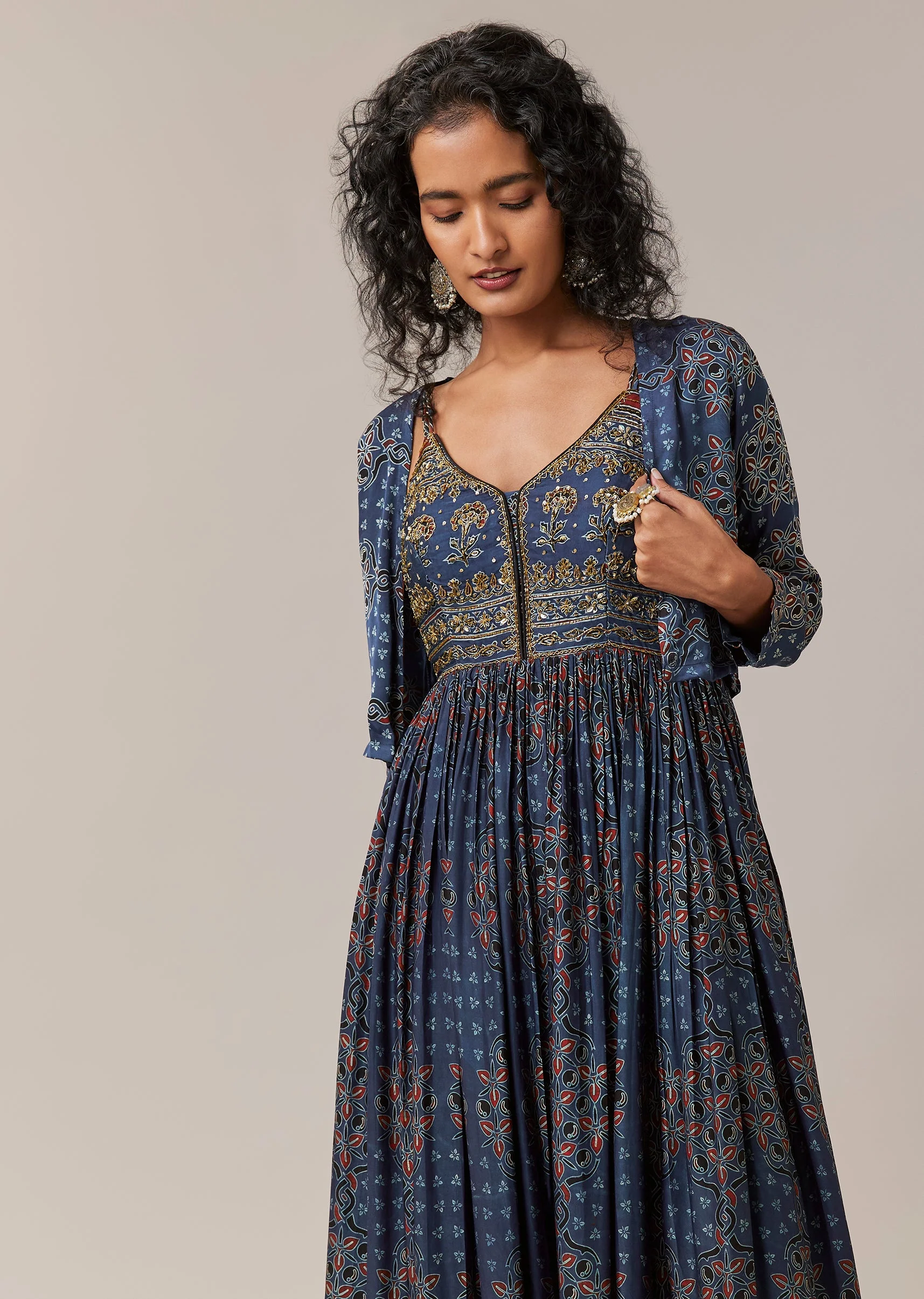 Blue Hand Dyed Ajrakh Jacket and Gown Set - Image 2