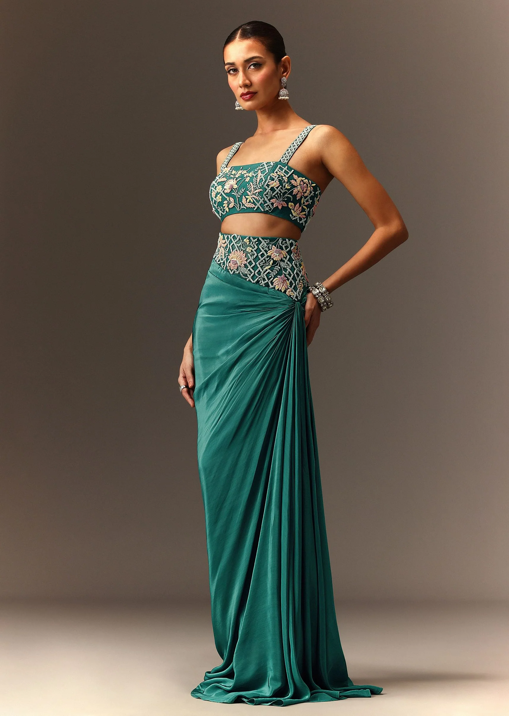 Blue Hand Embroidered Blouse And Drape Skirt With Cape