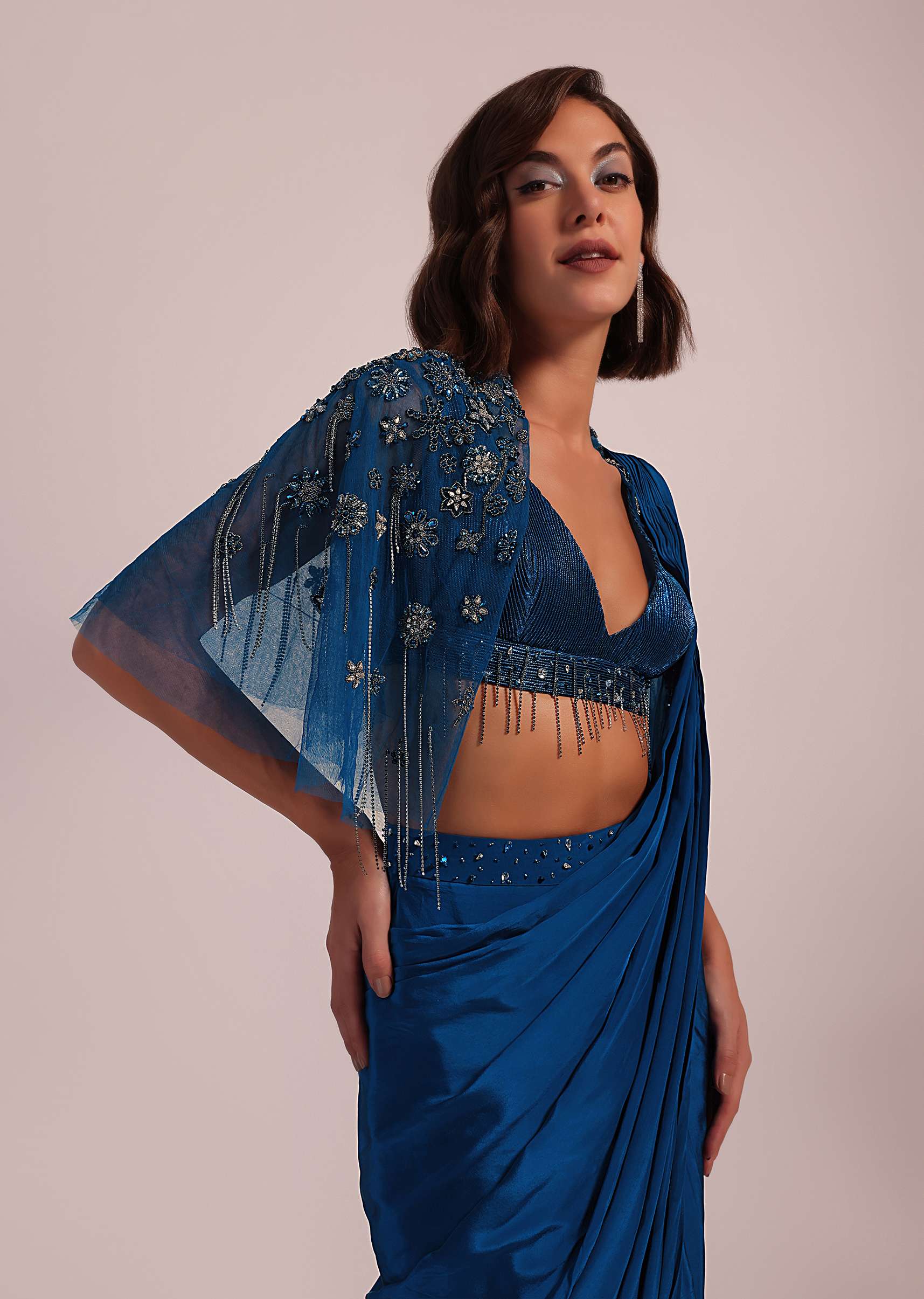 Blue Hand Embroidered Ready Pleated Saree And Blouse In Crepe - Image 6