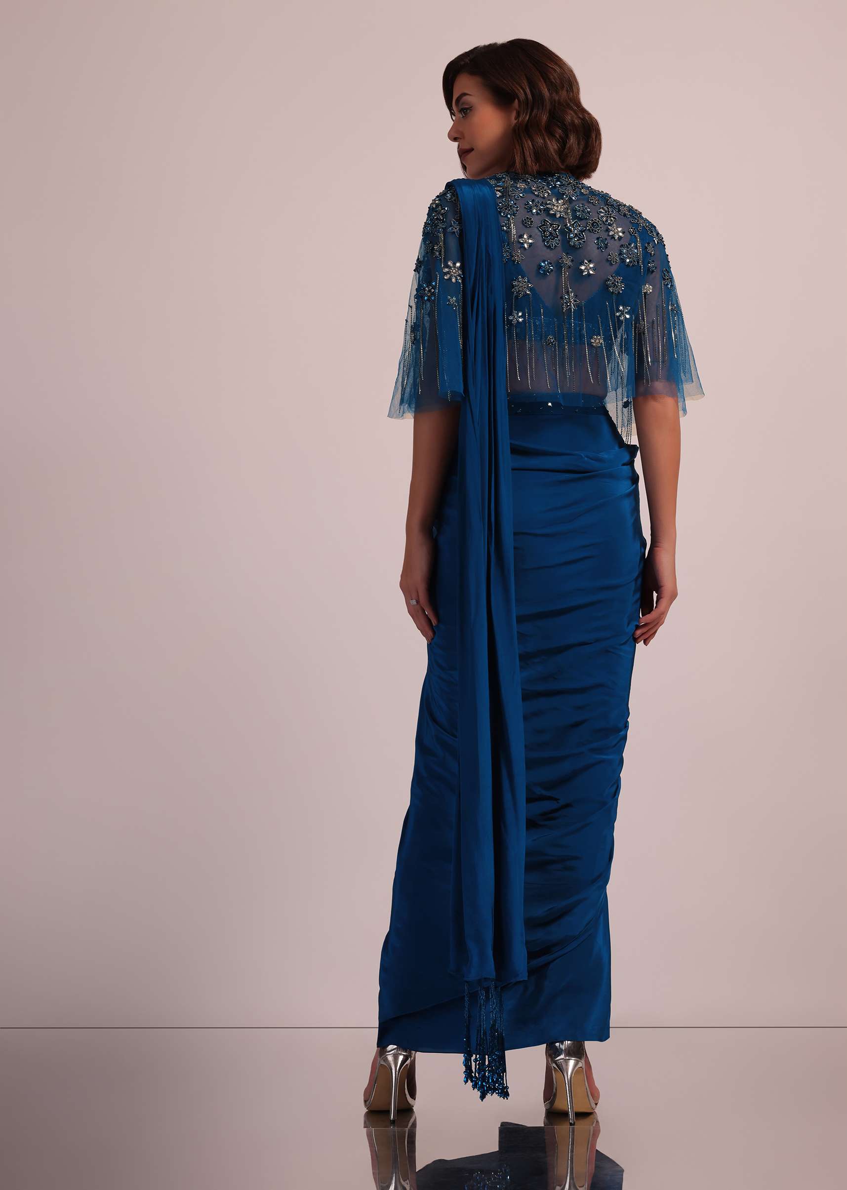 Blue Hand Embroidered Ready Pleated Saree And Blouse In Crepe - Image 7