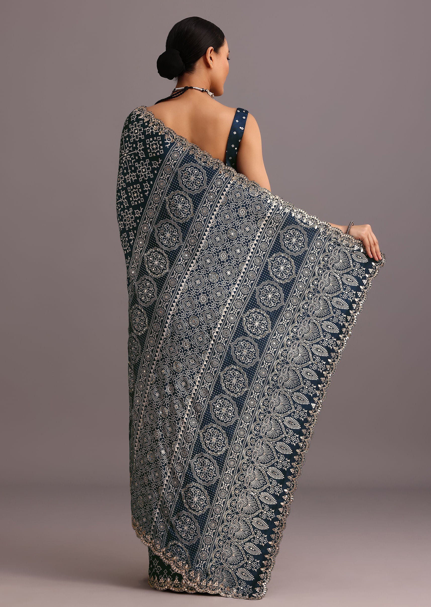 Blue Indigo Mirror And Ajrakh Print Embroidered Saree - Image 6