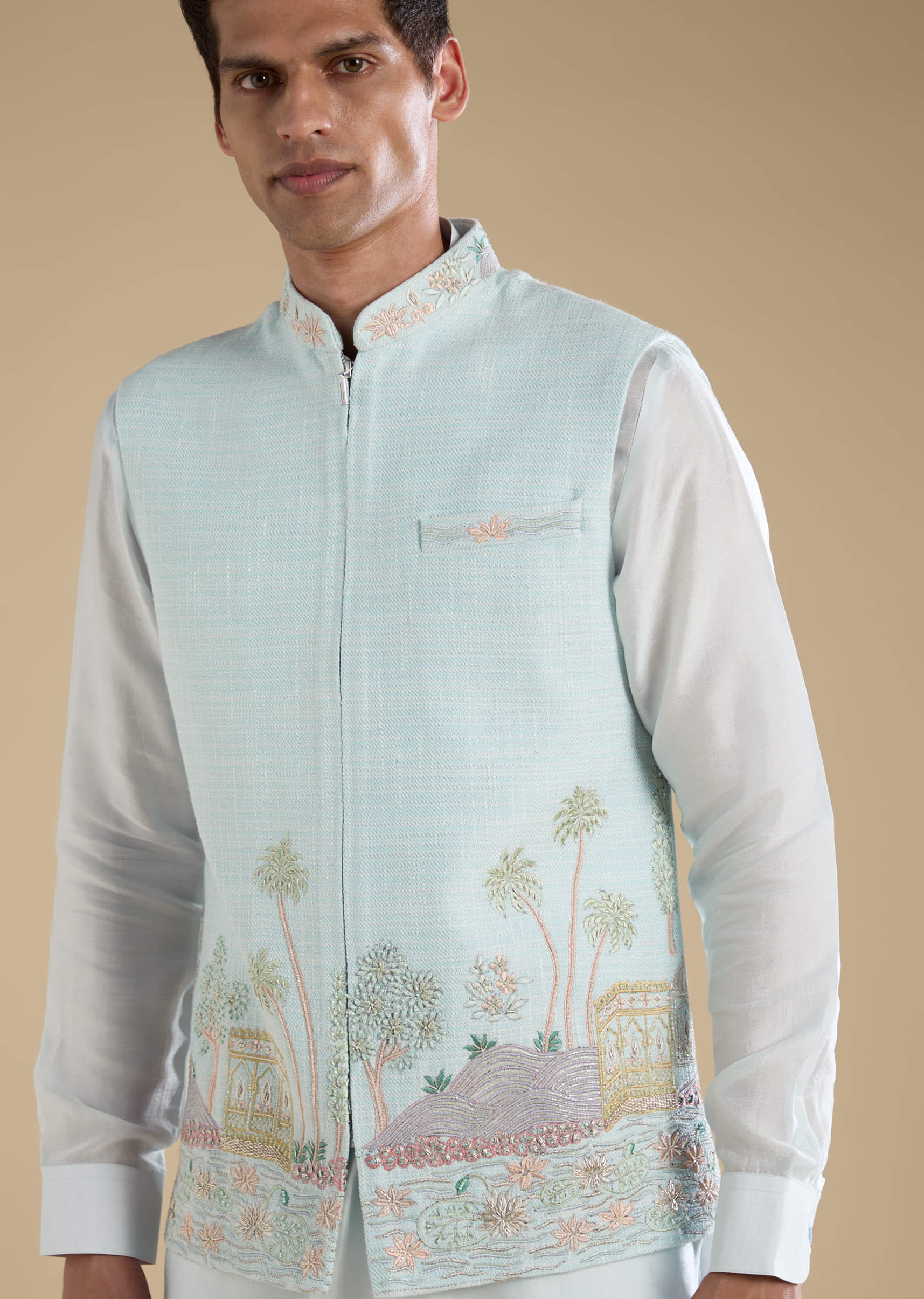 Blue Jacket Kurta Set with Resham Work - Image 2
