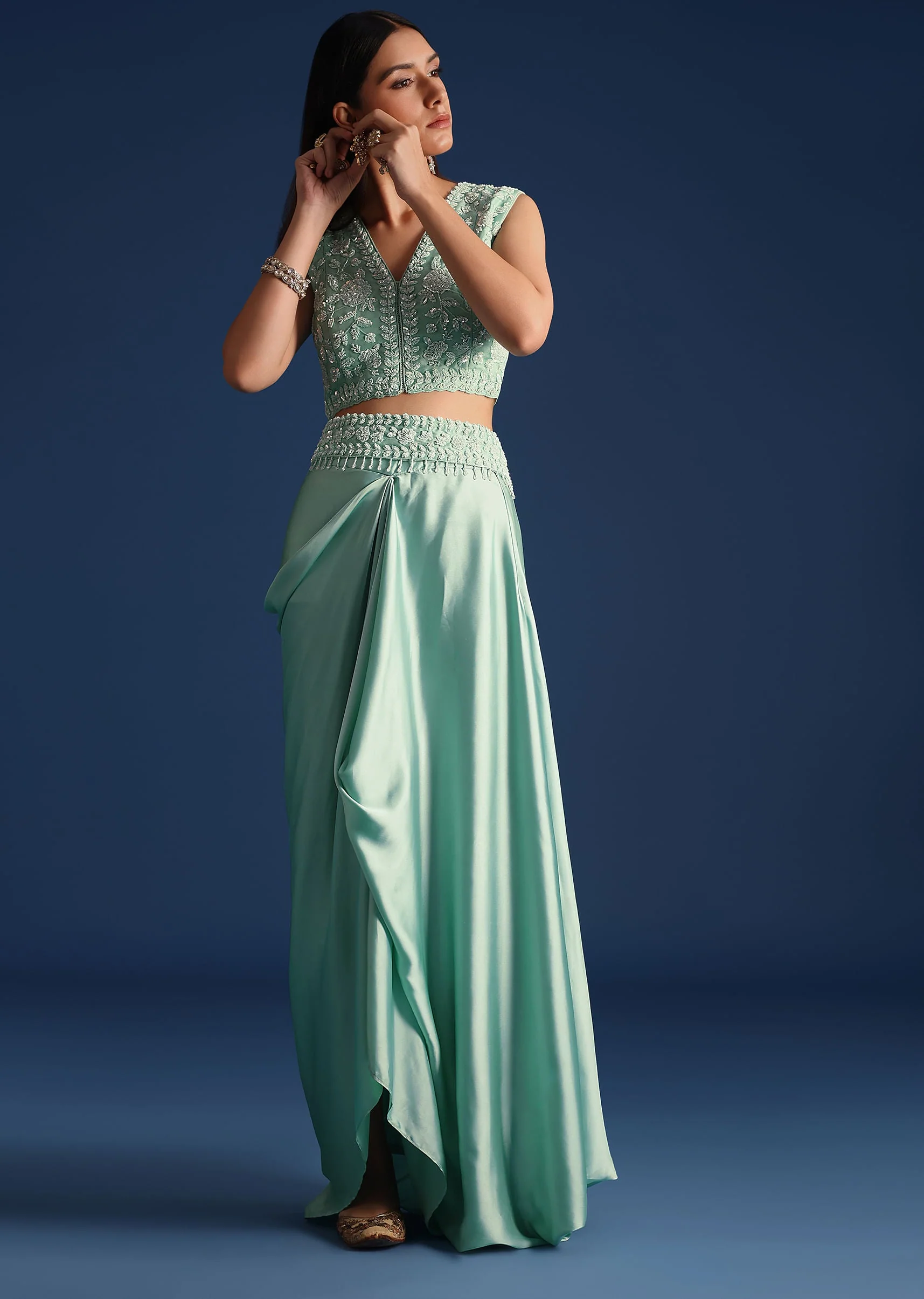 Blue Jacket With Draped Satin Skirt And Crop Top - Image 5