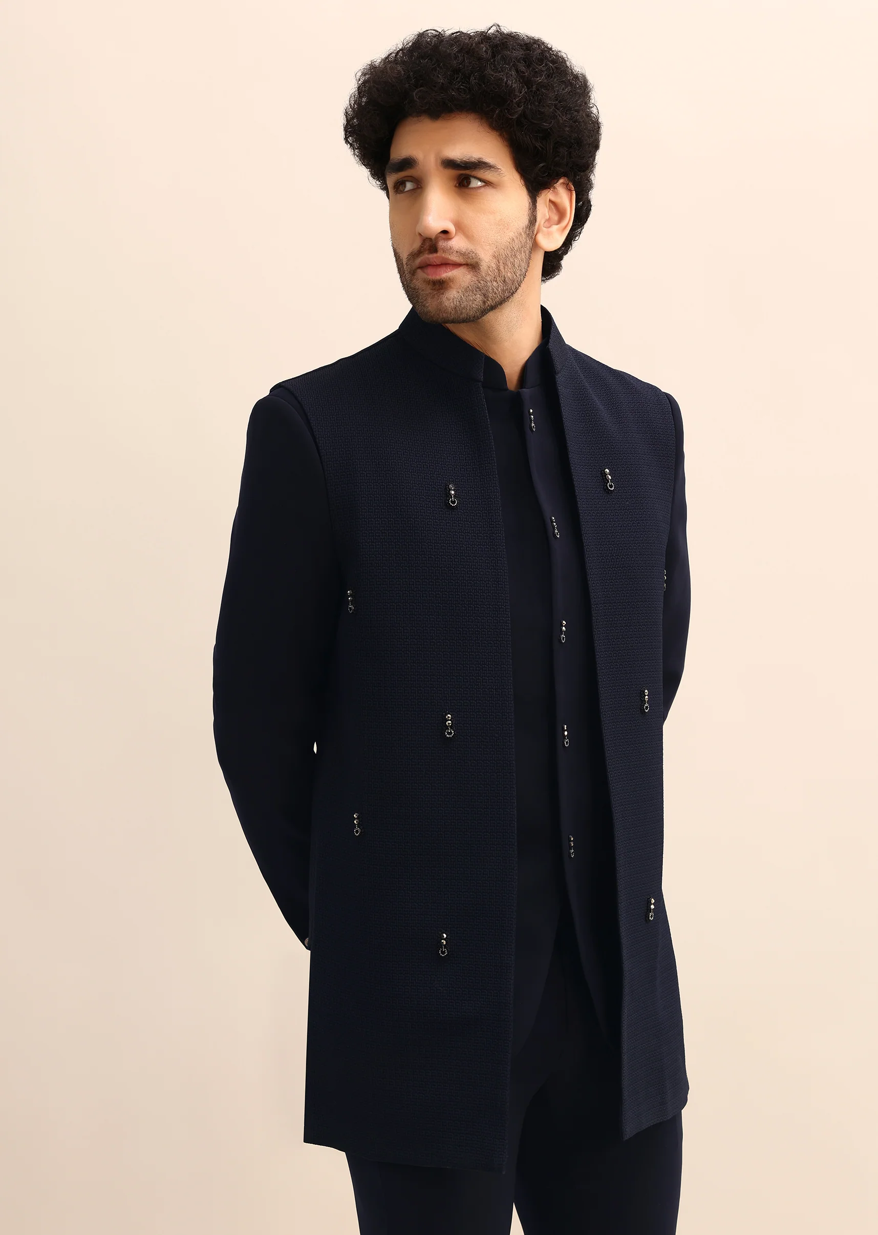 Blue Jacquard 3 Pc Bandhgala Jodhpuri Suit - Image 4