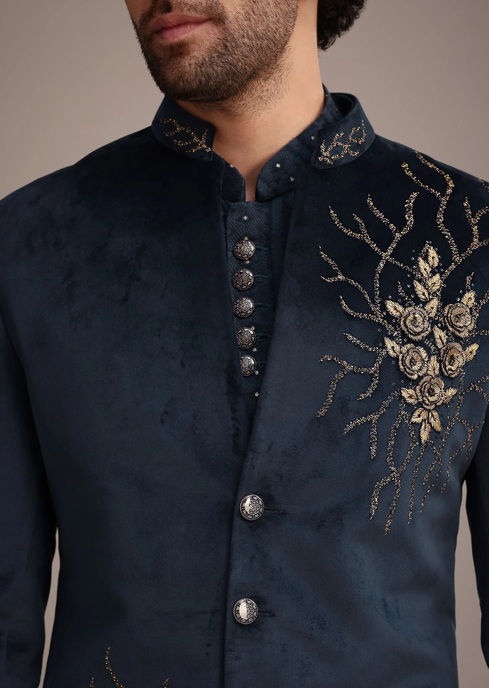 Blue Jacquard Kurta Jacket Set With Broach - Image 2