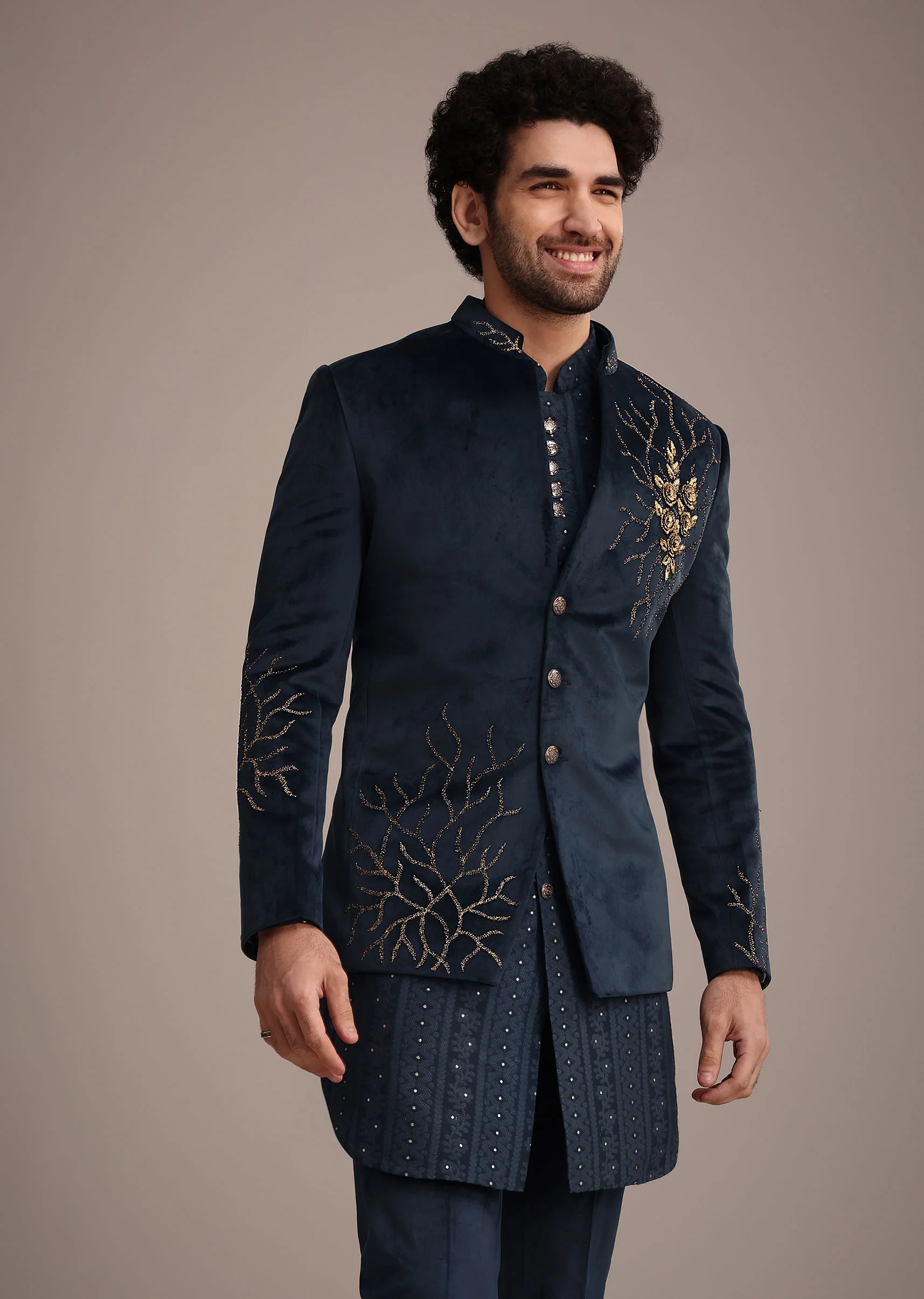 Blue Jacquard Kurta Jacket Set With Broach - Image 4