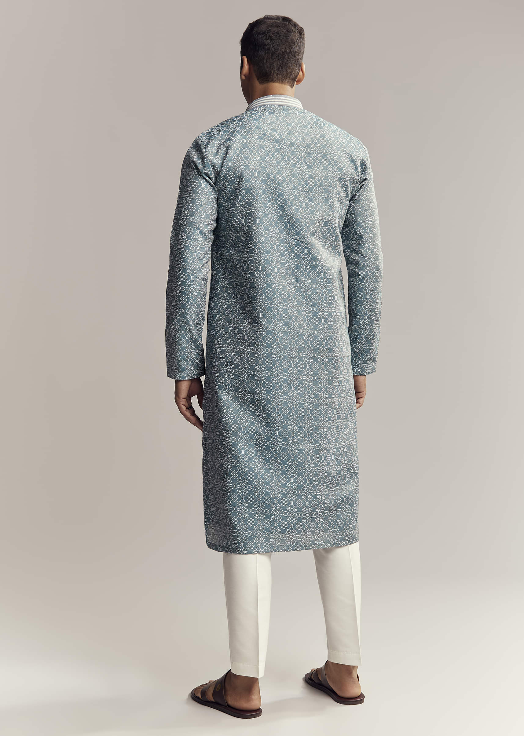 Blue Jacquard Kurta Set For Men - Image 5