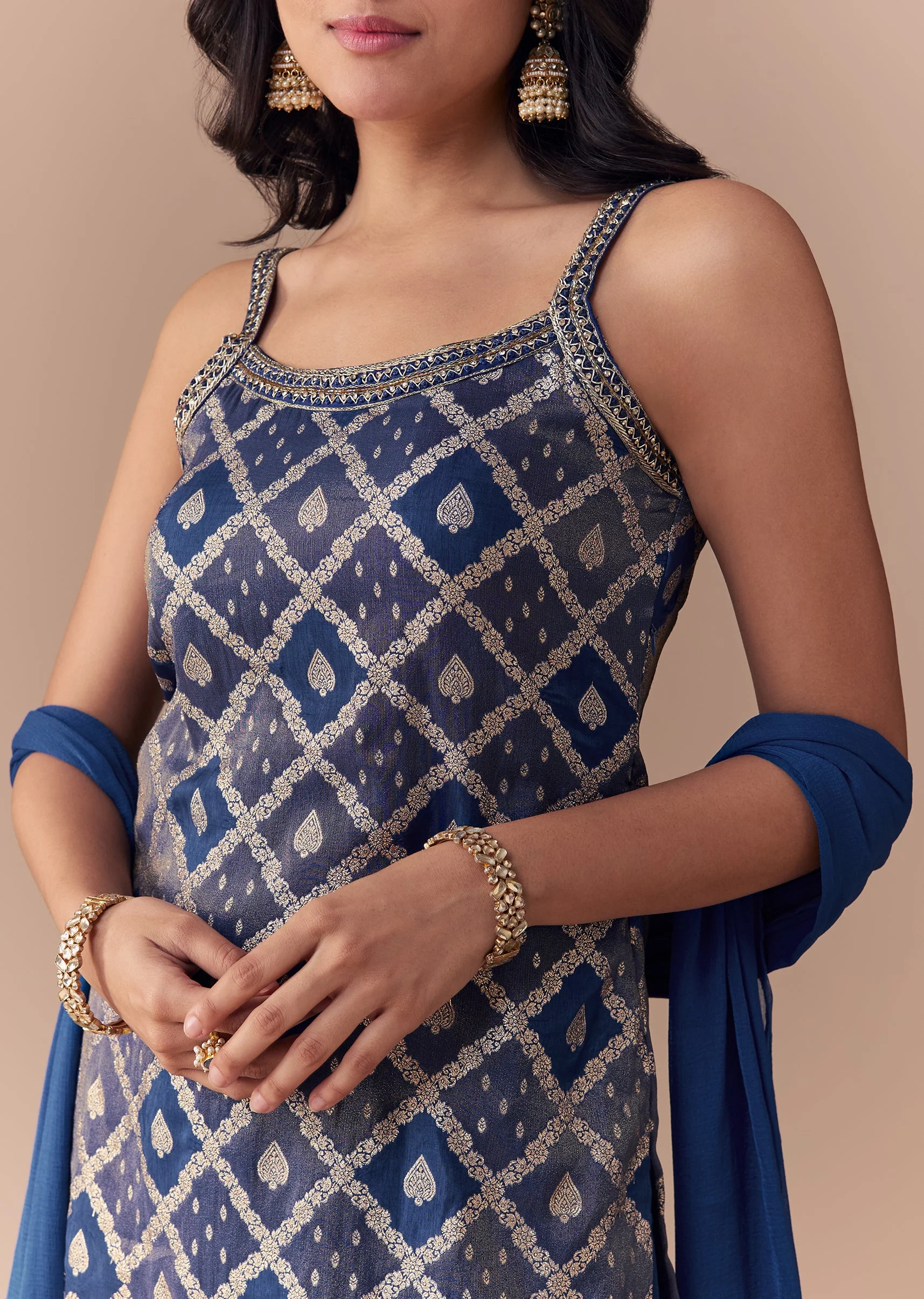 Blue Jacquard Woven Kurta Palazzo and Dupatta Set - Image 2