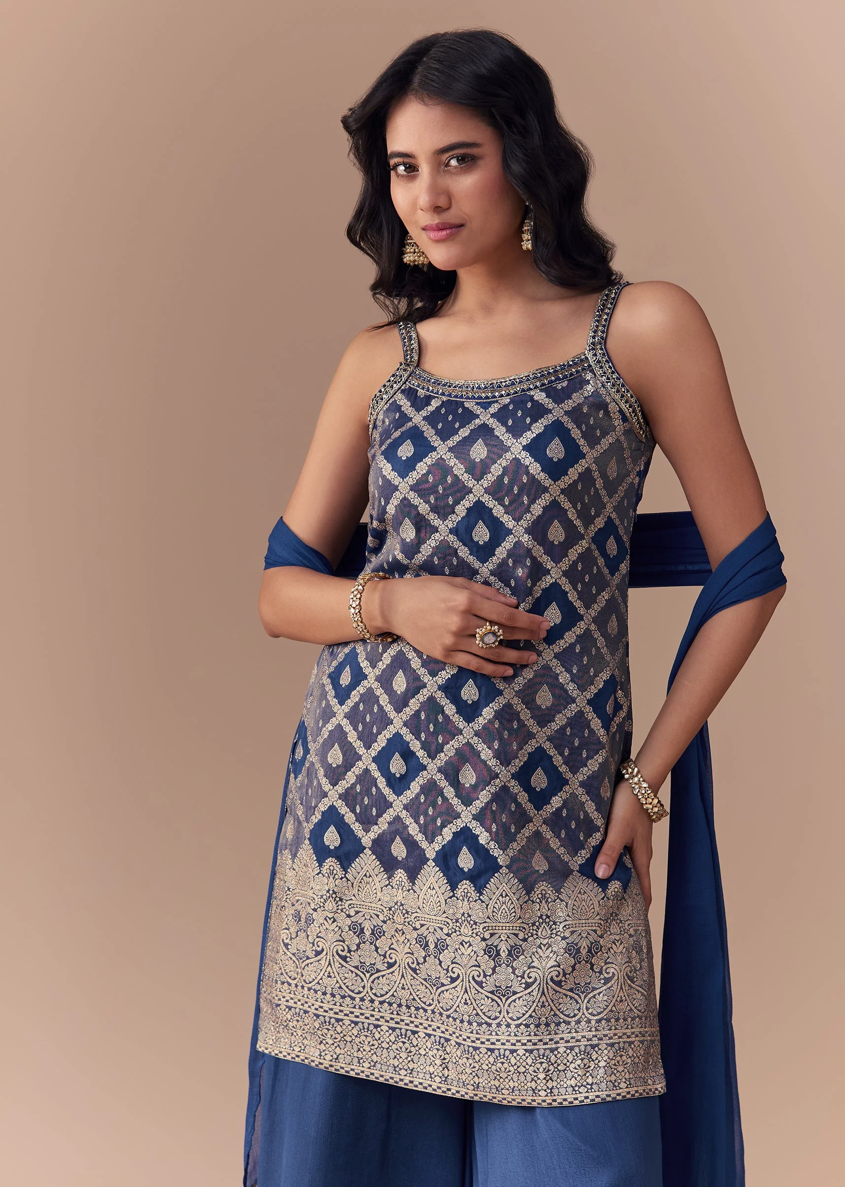 Blue Jacquard Woven Kurta Palazzo and Dupatta Set - Image 4