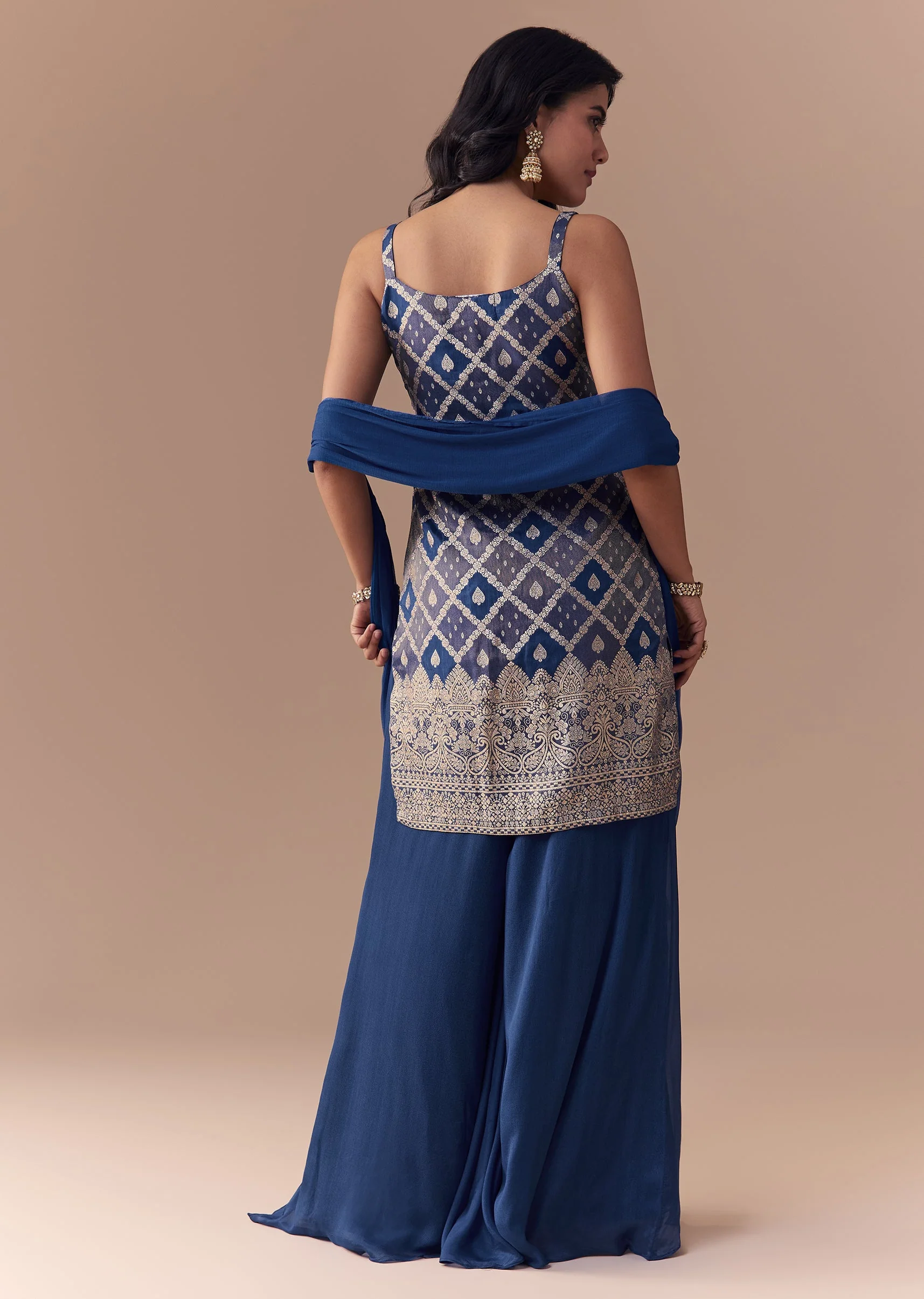 Blue Jacquard Woven Kurta Palazzo and Dupatta Set - Image 5