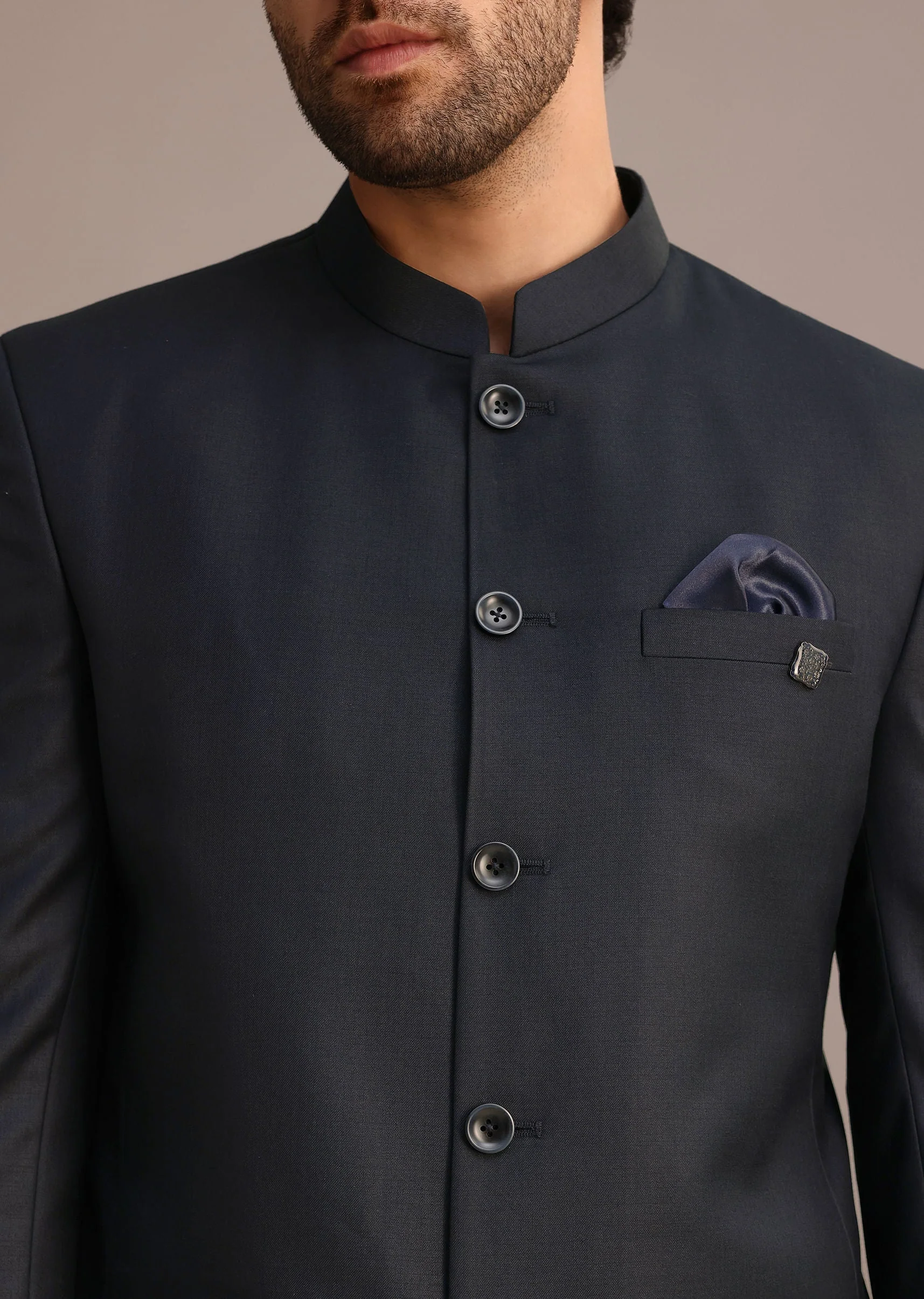 Blue Jodhpuri And Pant Set With Pocket Square - Image 2