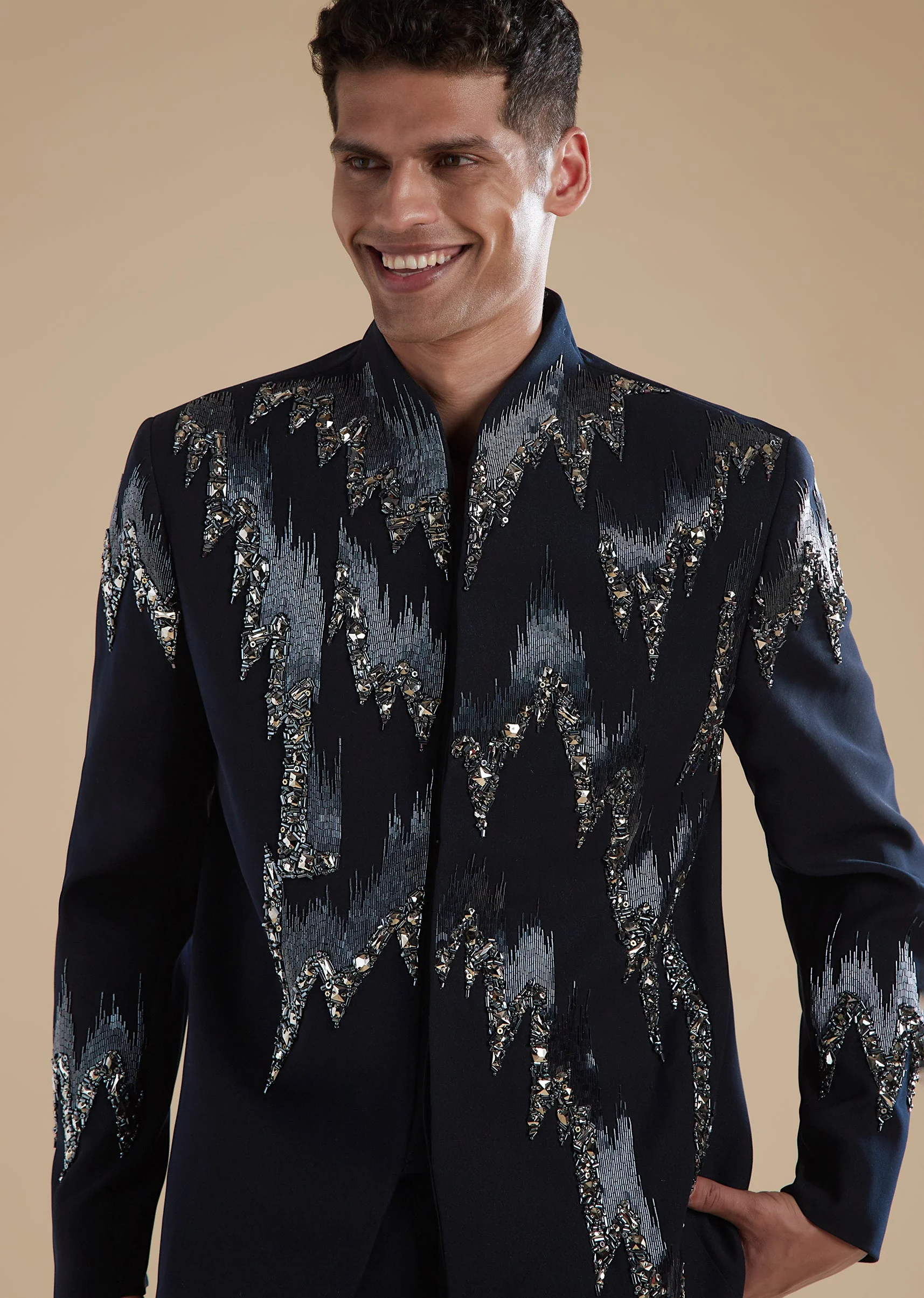 Blue Jodhpuri Set With Cut Dana Metal Detail Work - Image 2