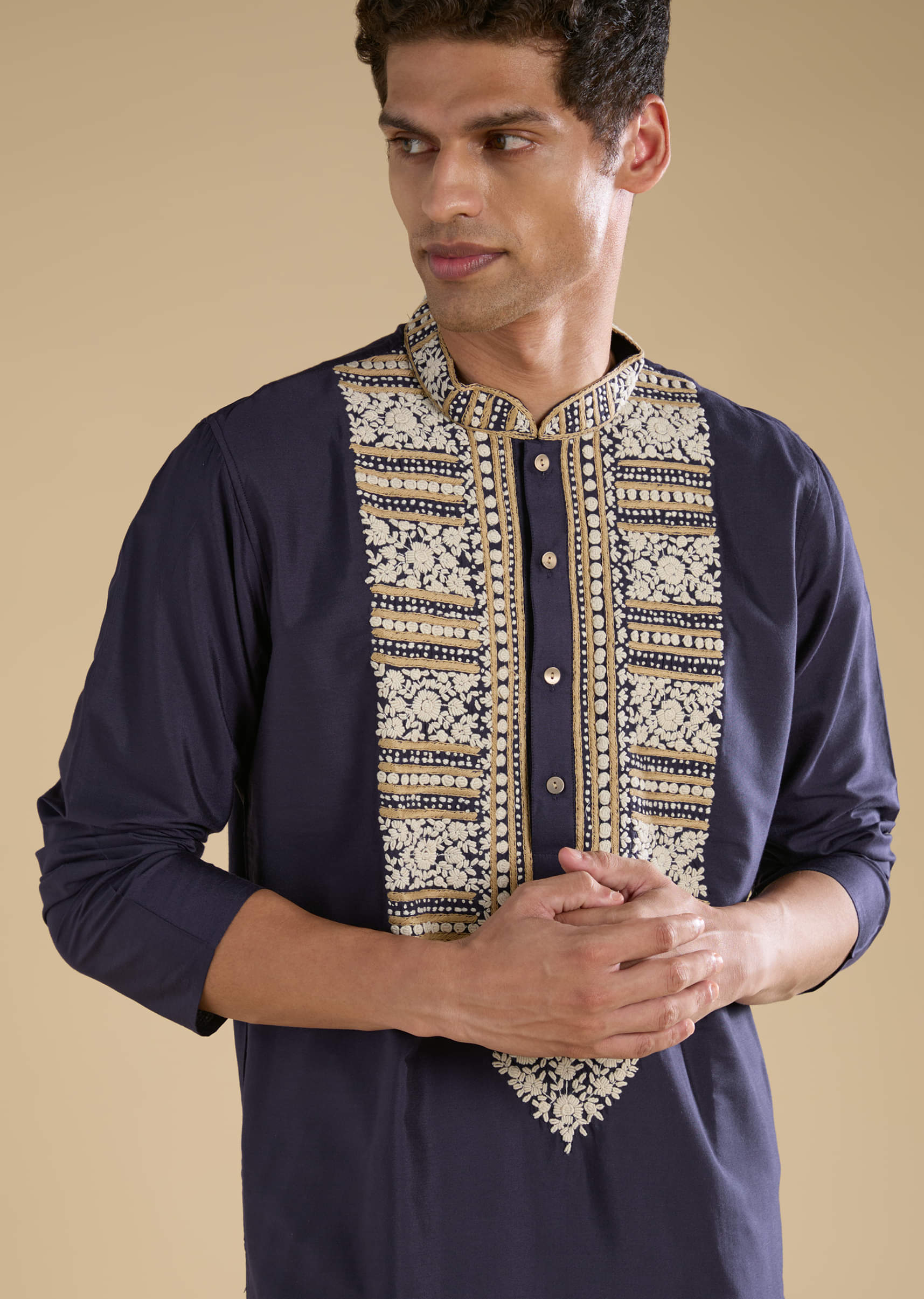 Blue Kashmiri Hand Work Straight Mens Kurta and Pant Set - Image 2