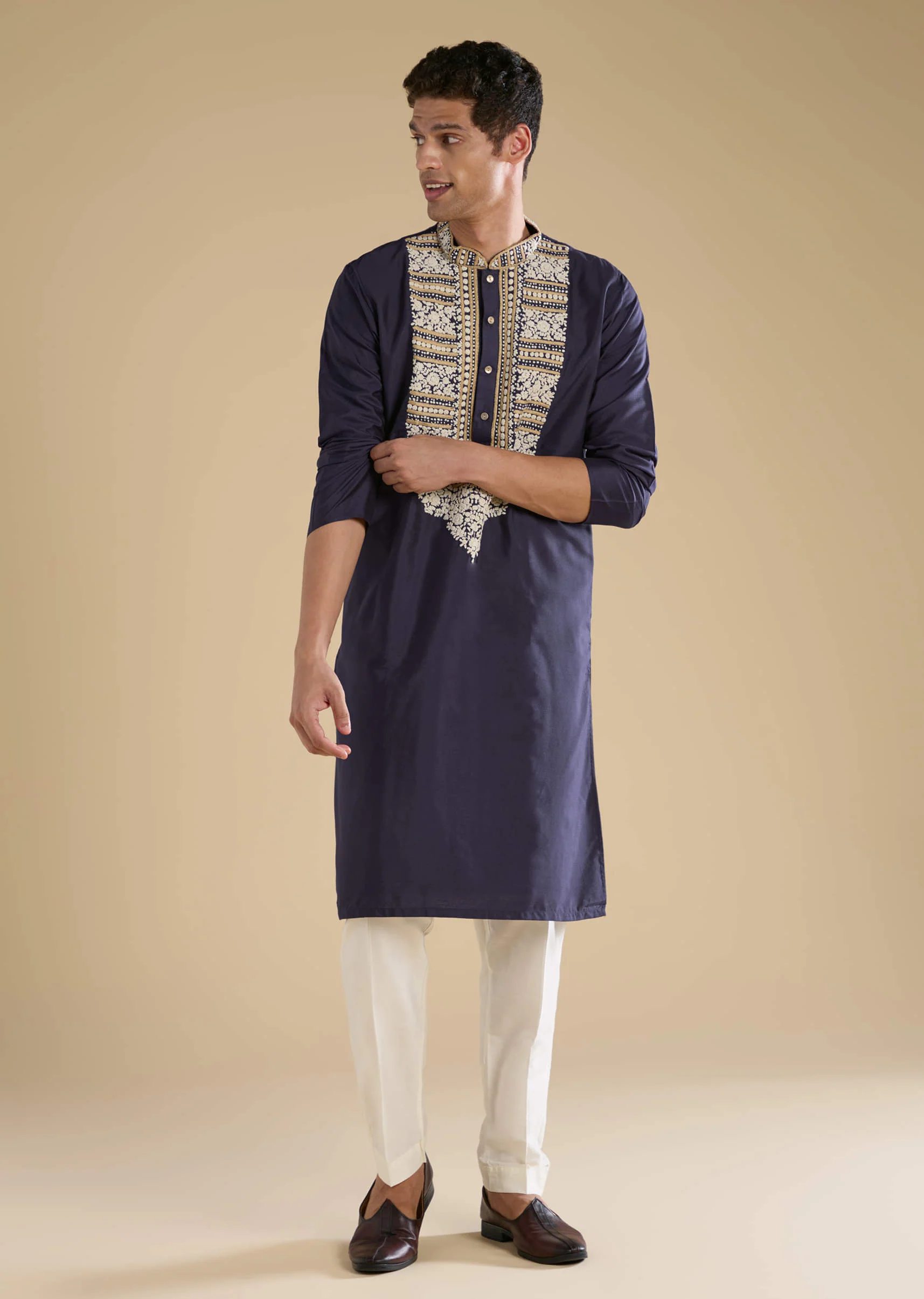 Blue Kashmiri Hand Work Straight Mens Kurta and Pant Set - Image 3