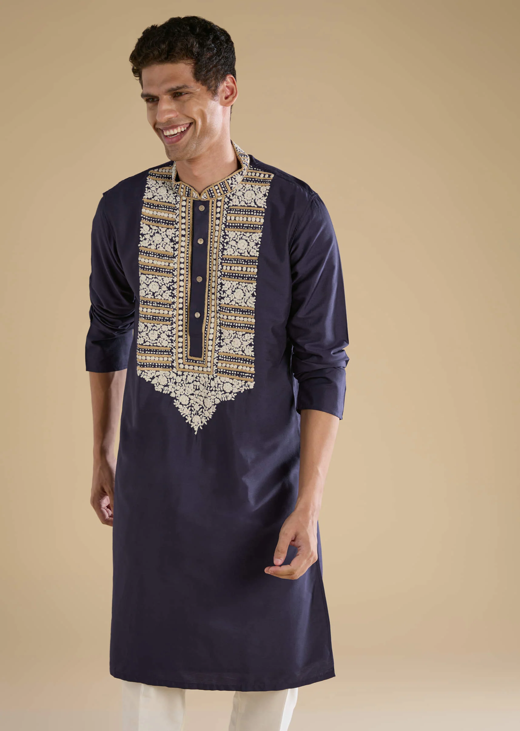 Blue Kashmiri Hand Work Straight Mens Kurta and Pant Set - Image 4