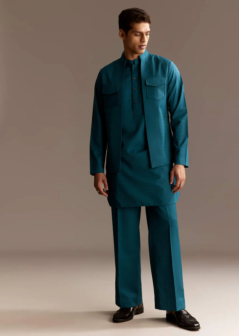 Blue Kurta Jacket Set With Palazzo Pants - Image 4