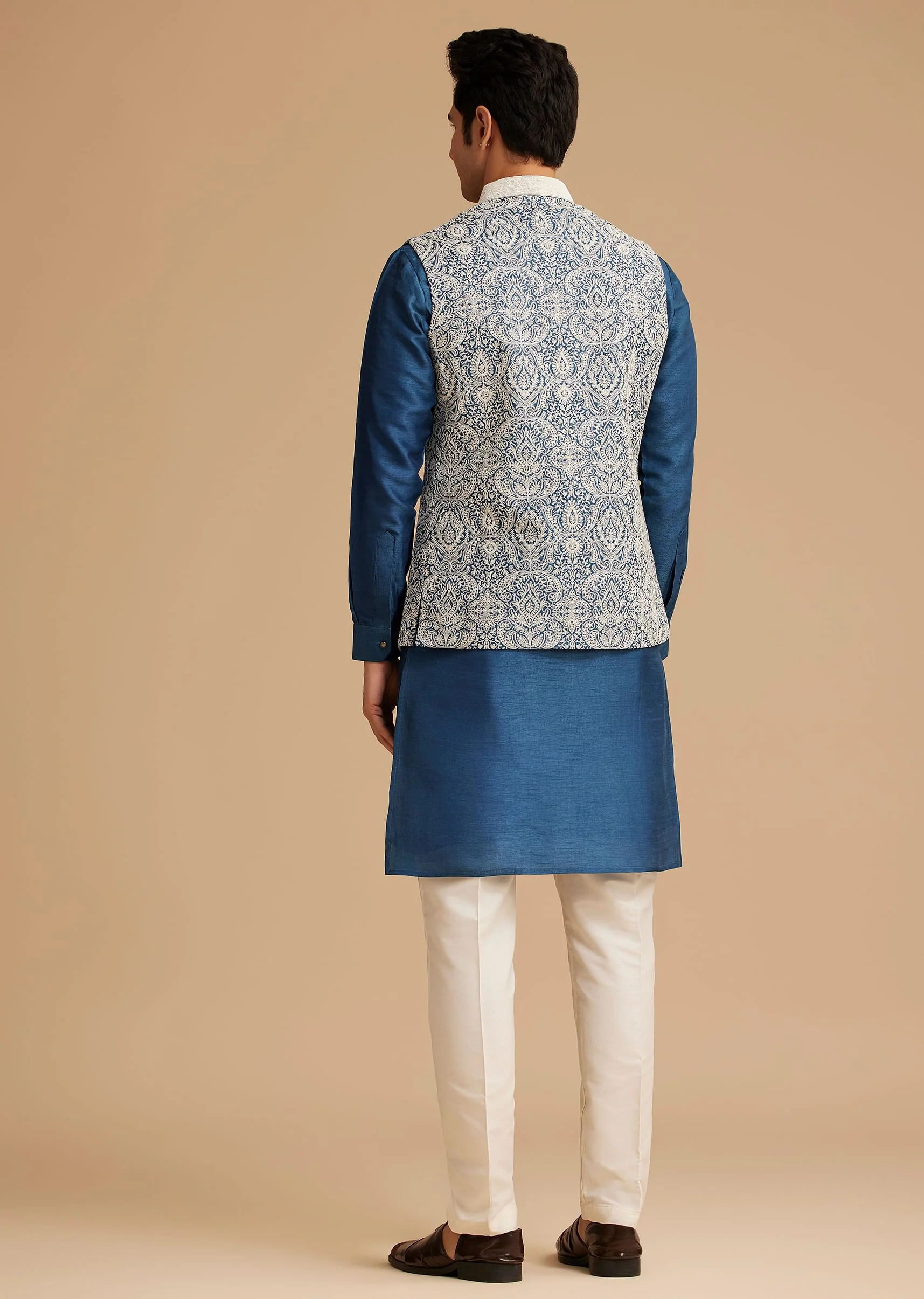 Blue Kurta Jacket Set With Resham Embroidery And Handworked Collar - Image 5